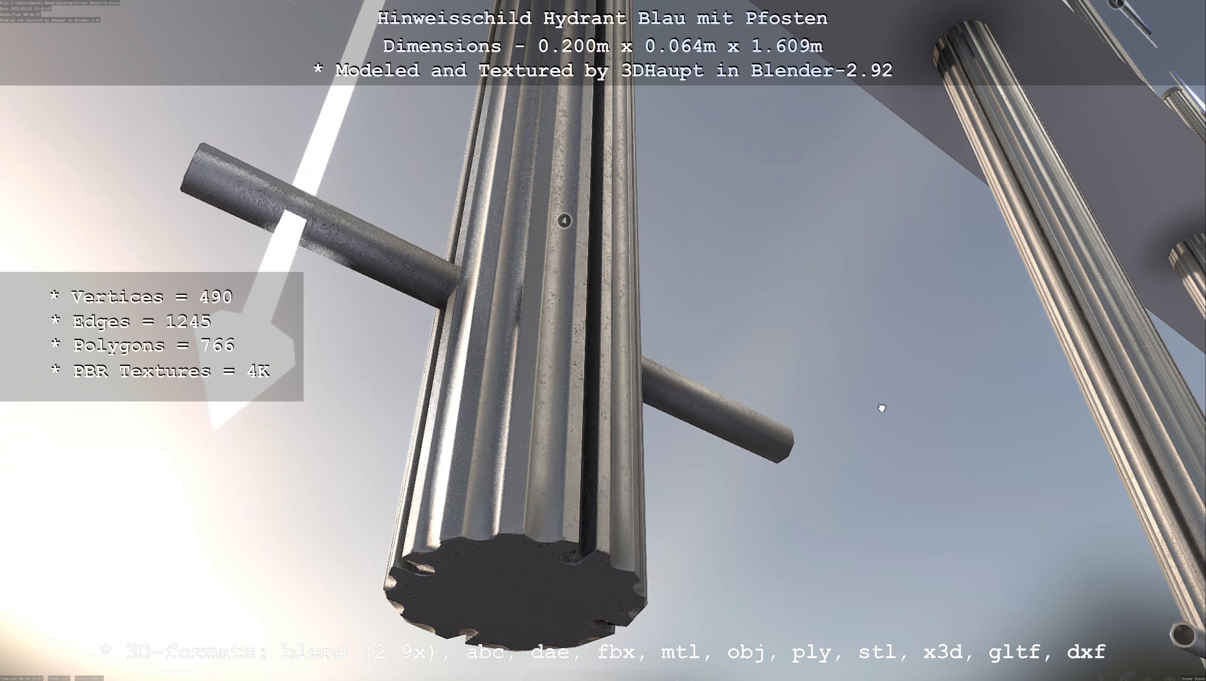 Hinweisschild Hydrant blau mit Pfosten und Rahmen Low-poly 3D model_37