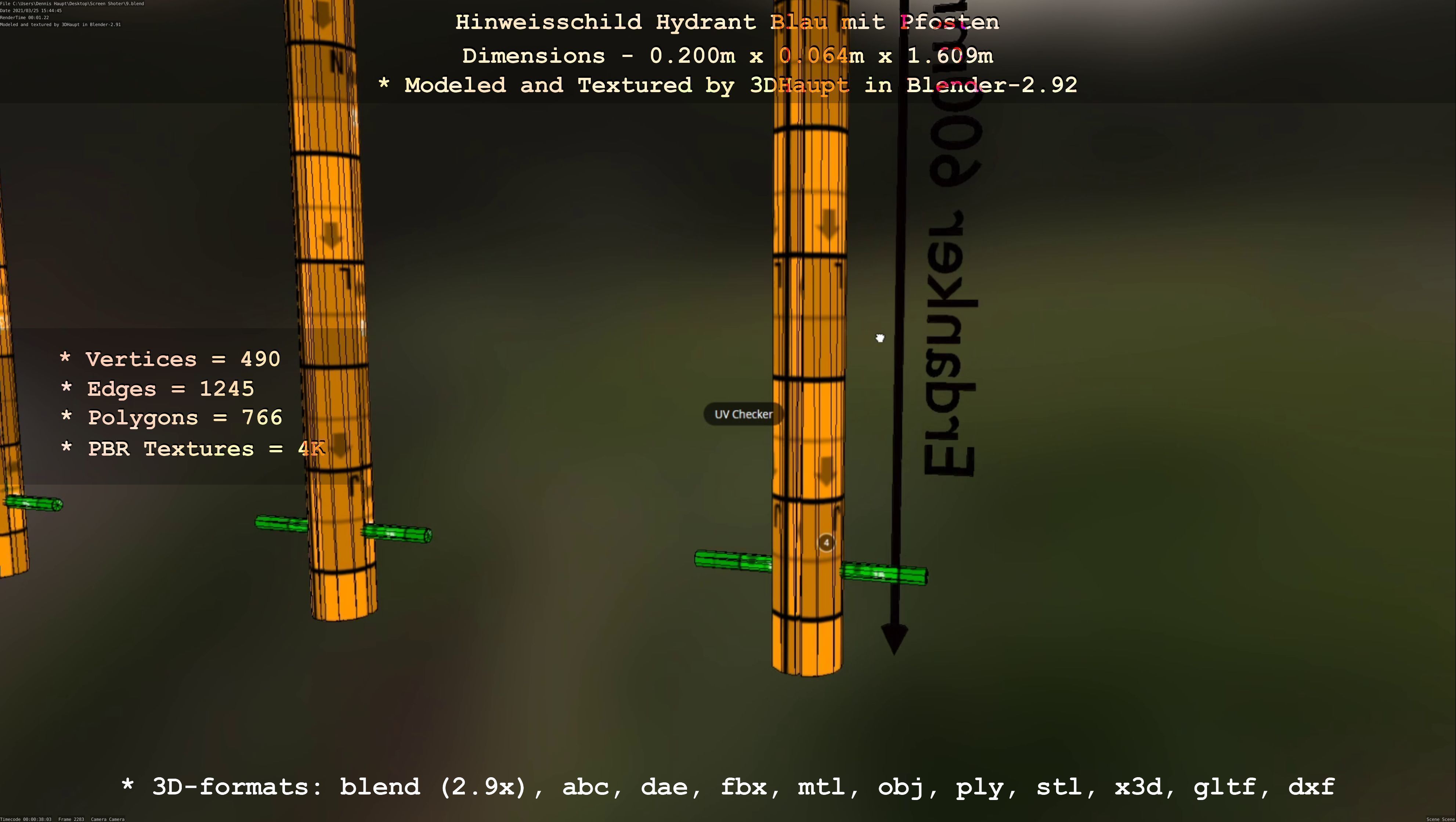 Hinweisschild Hydrant blau mit Pfosten und Rahmen Low-poly 3D model_51