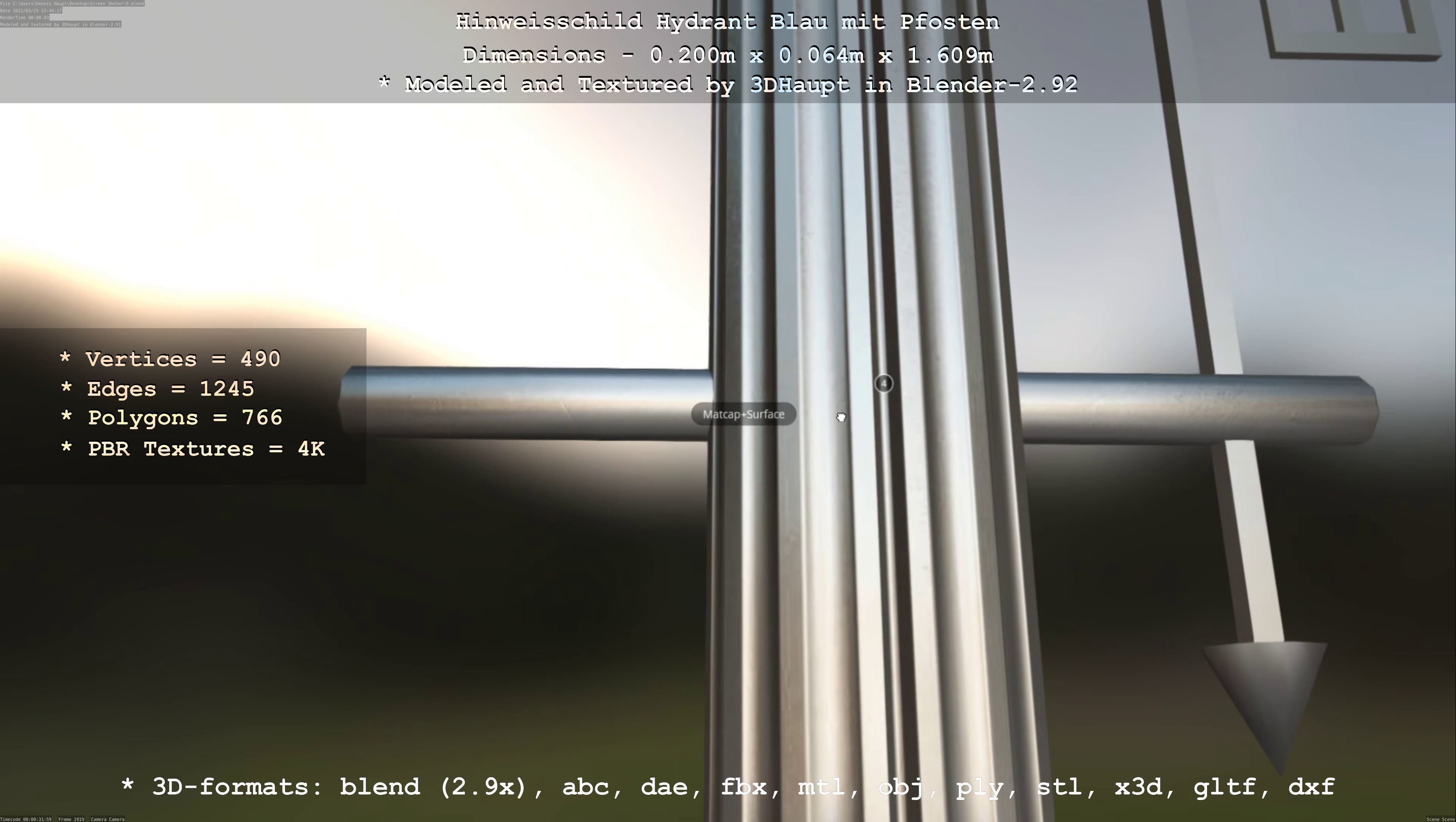 Hinweisschild Hydrant blau mit Pfosten und Rahmen Low-poly 3D model_98