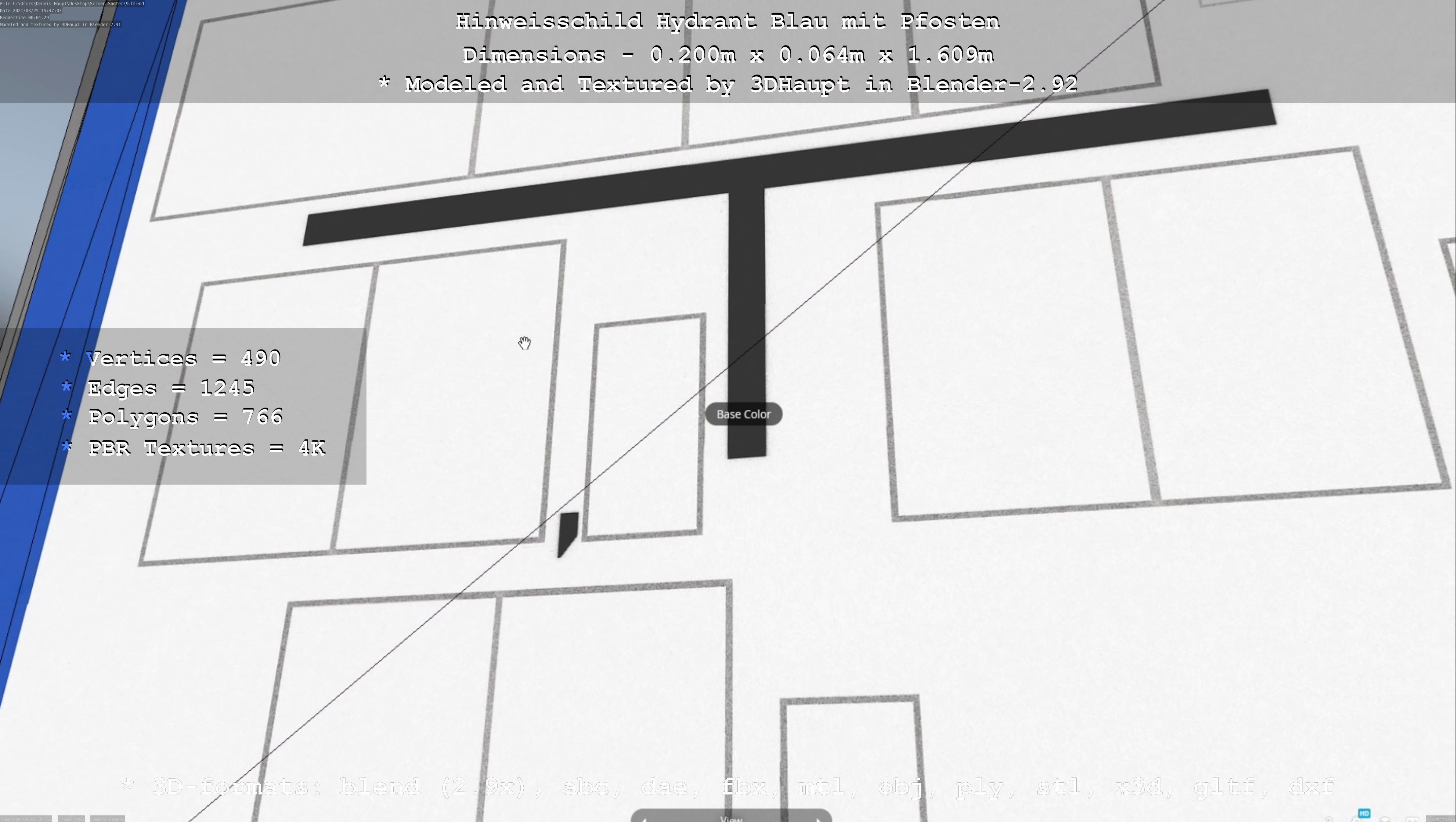 Hinweisschild Hydrant blau mit Pfosten und Rahmen Low-poly 3D model_138