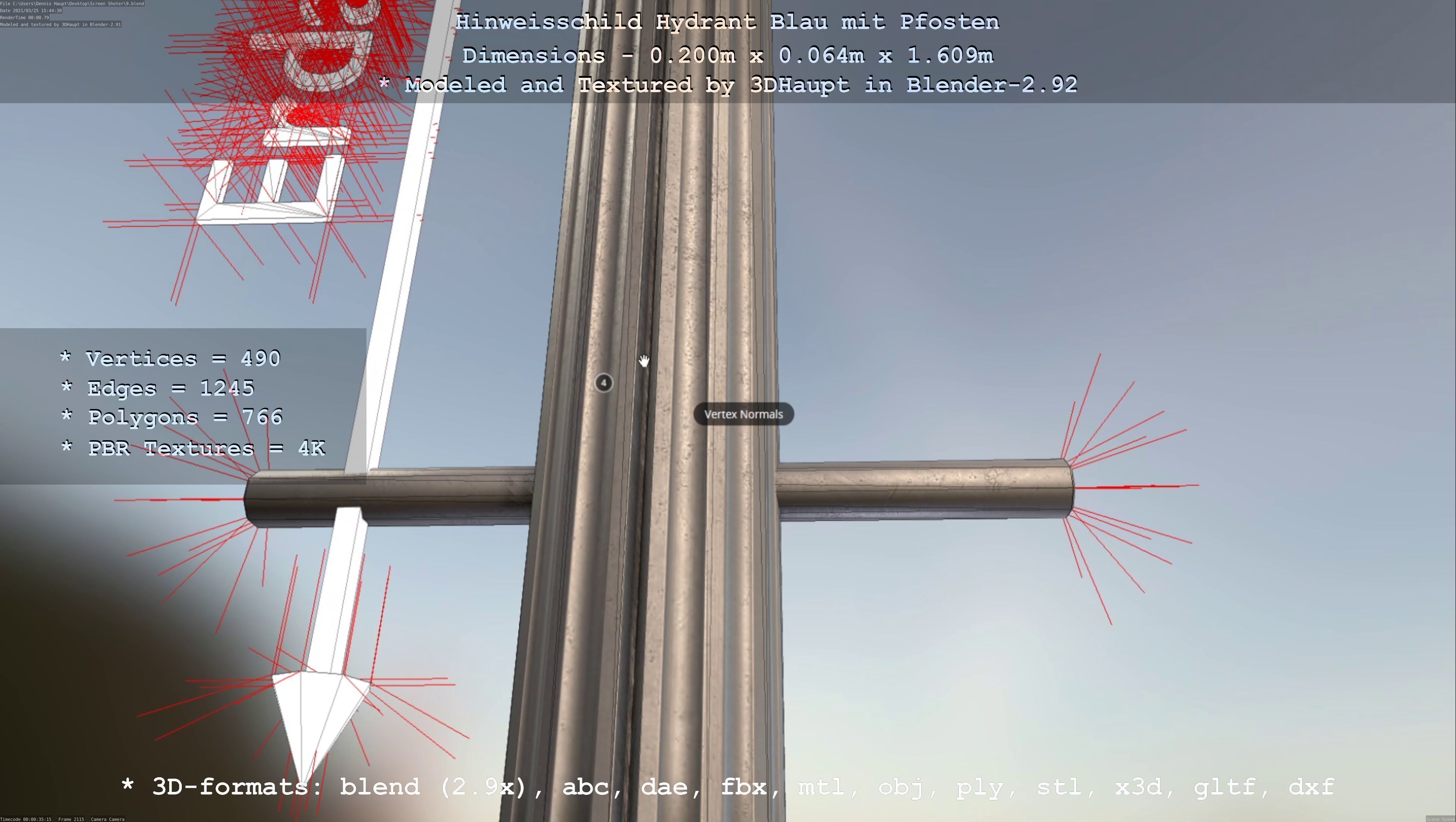 Hinweisschild Hydrant blau mit Pfosten und Rahmen Low-poly 3D model_13