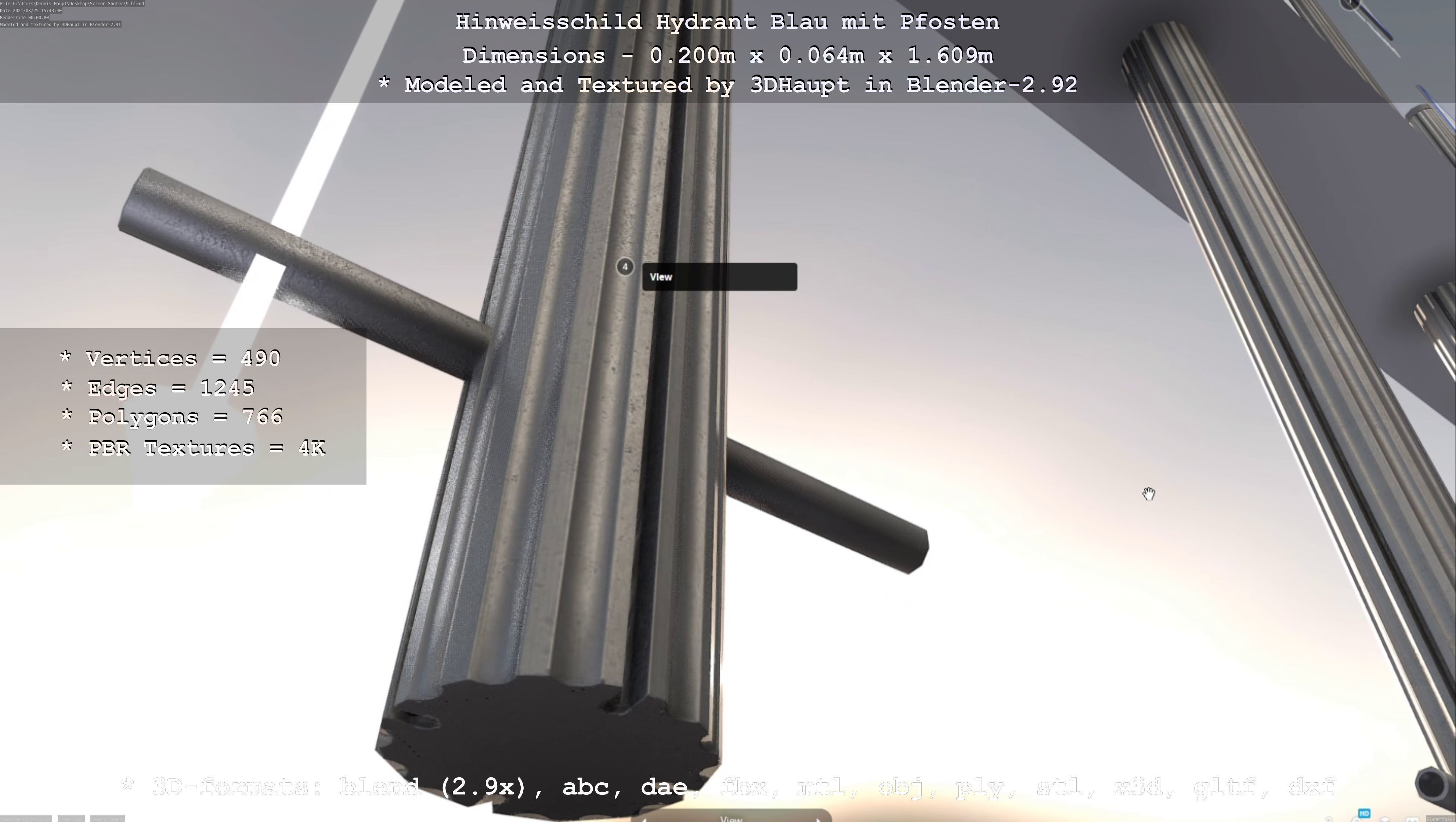 Hinweisschild Hydrant blau mit Pfosten und Rahmen Low-poly 3D model_106