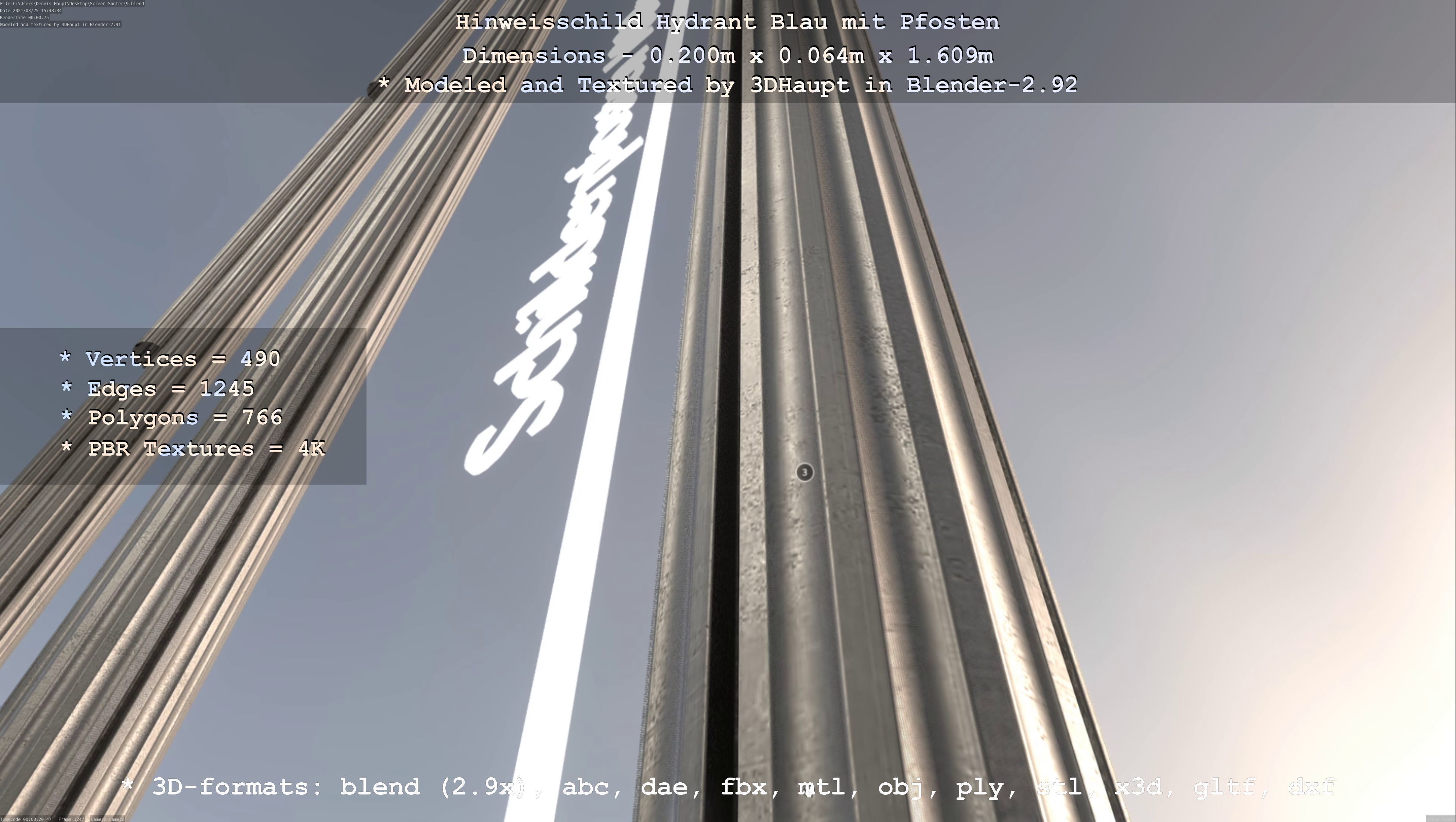 Hinweisschild Hydrant blau mit Pfosten und Rahmen Low-poly 3D model_36