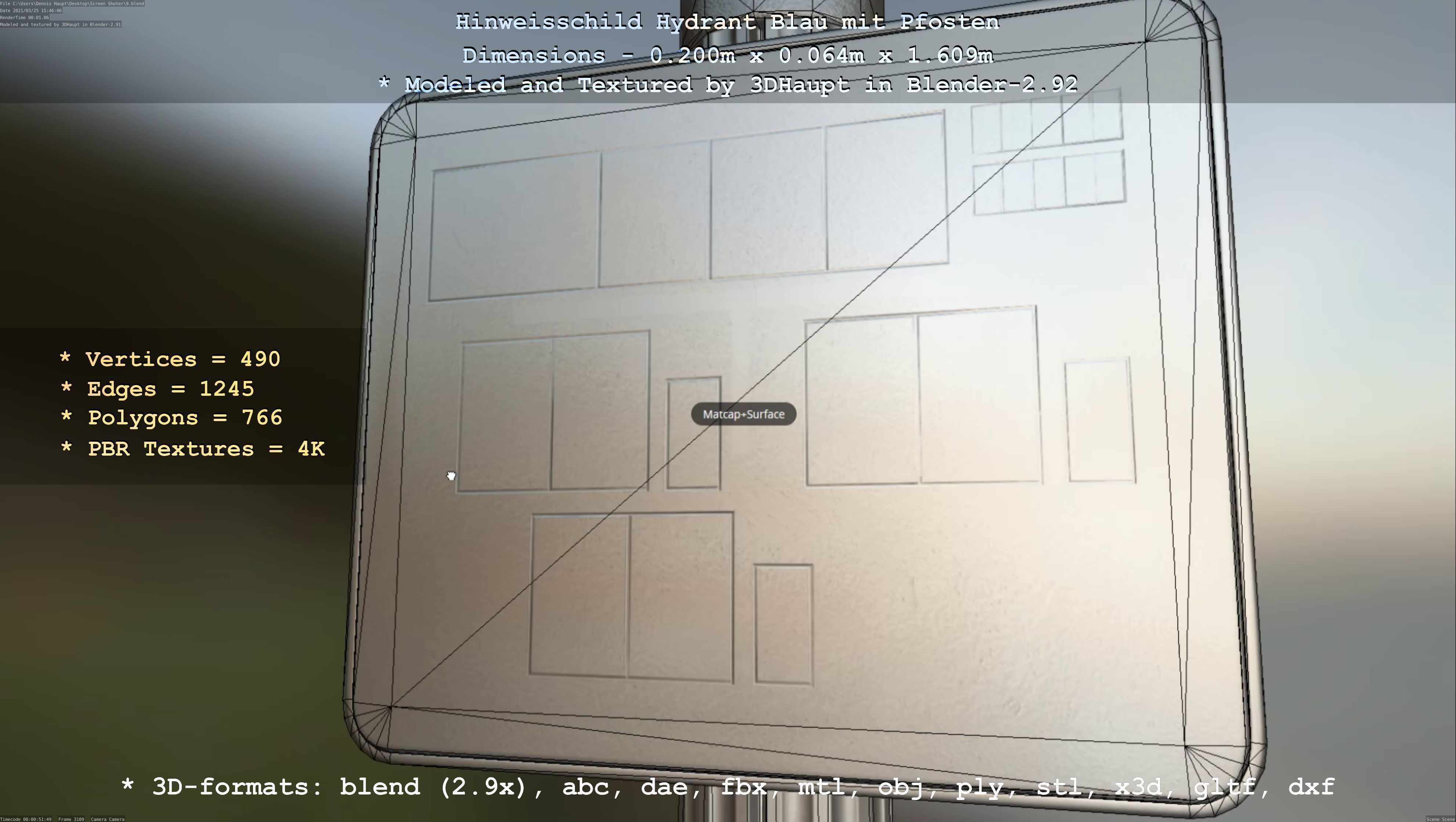 Hinweisschild Hydrant blau mit Pfosten und Rahmen Low-poly 3D model_59