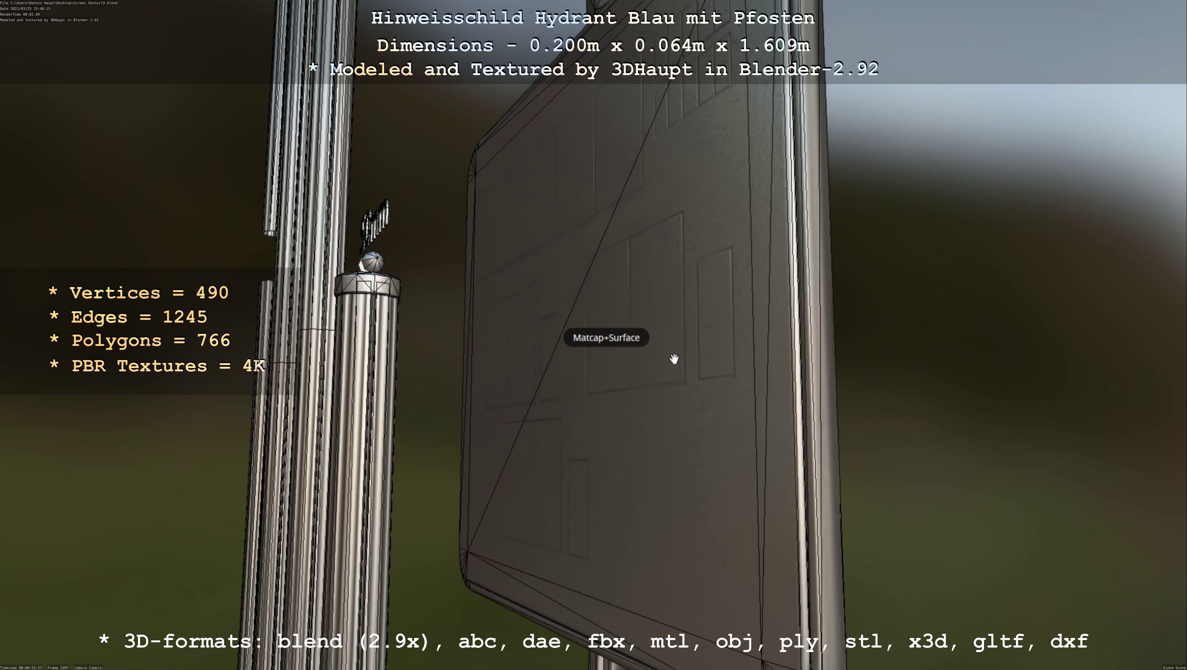 Hinweisschild Hydrant blau mit Pfosten und Rahmen Low-poly 3D model_8