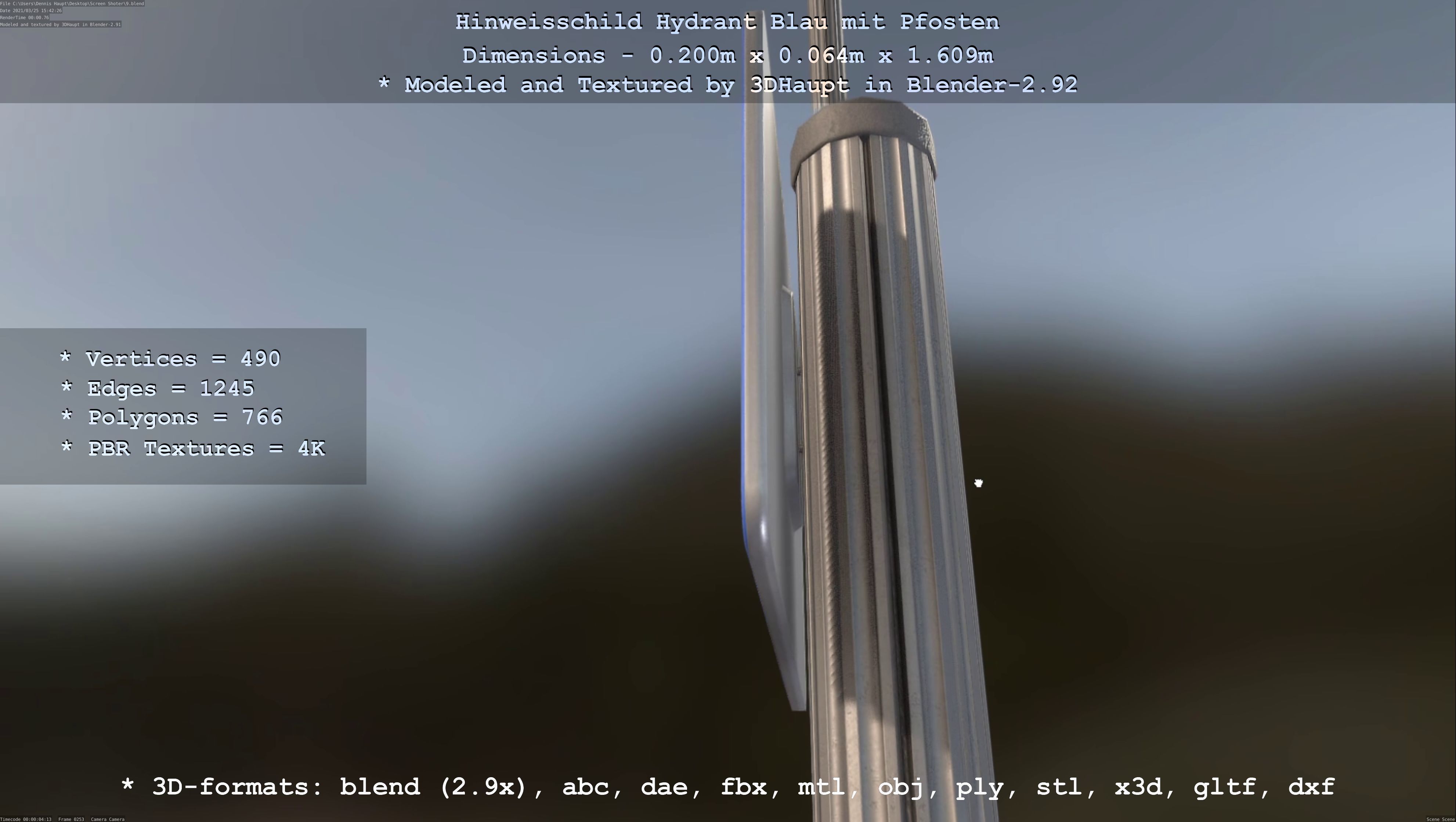 Hinweisschild Hydrant blau mit Pfosten und Rahmen Low-poly 3D model_100