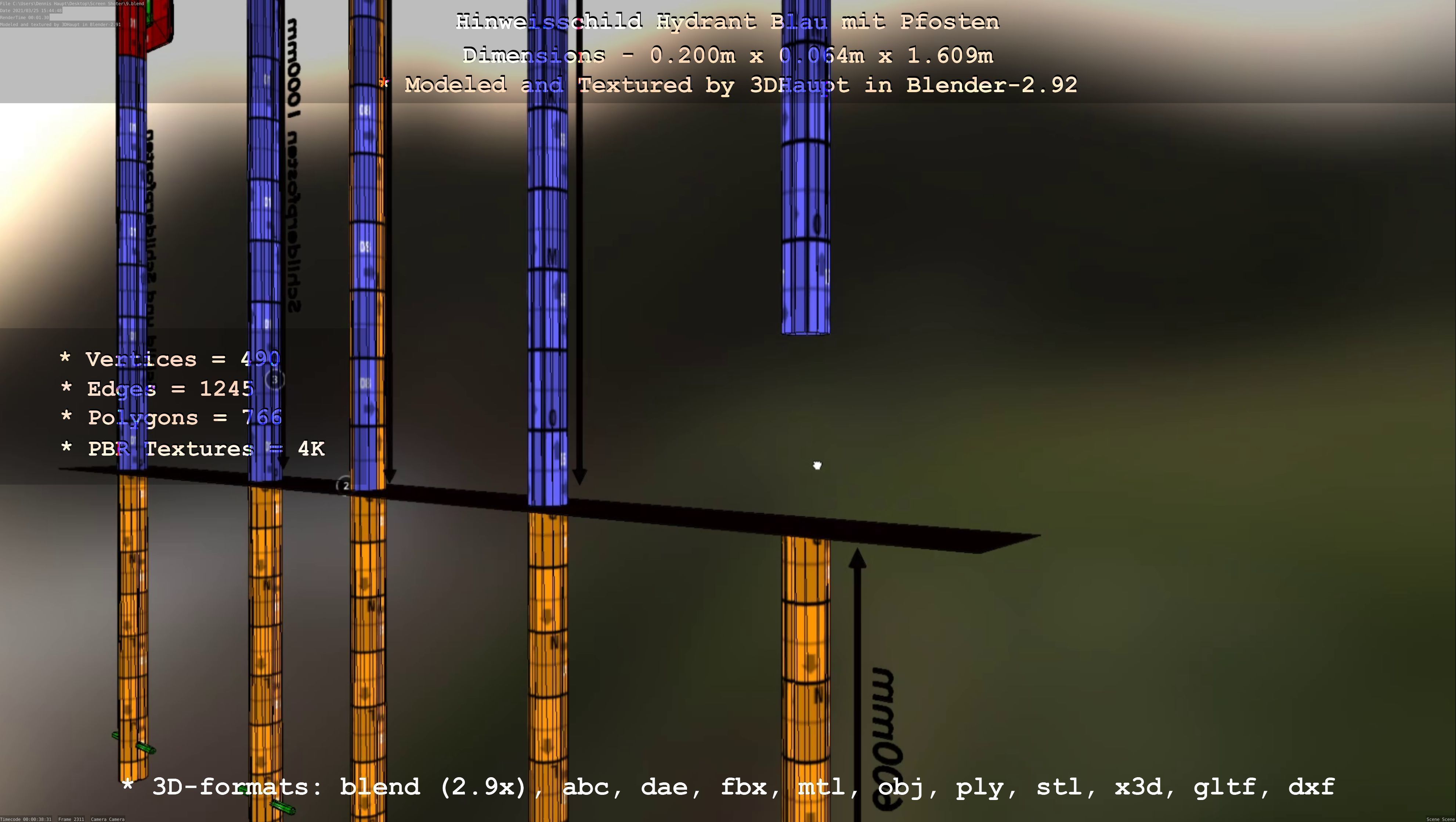 Hinweisschild Hydrant blau mit Pfosten und Rahmen Low-poly 3D model_55