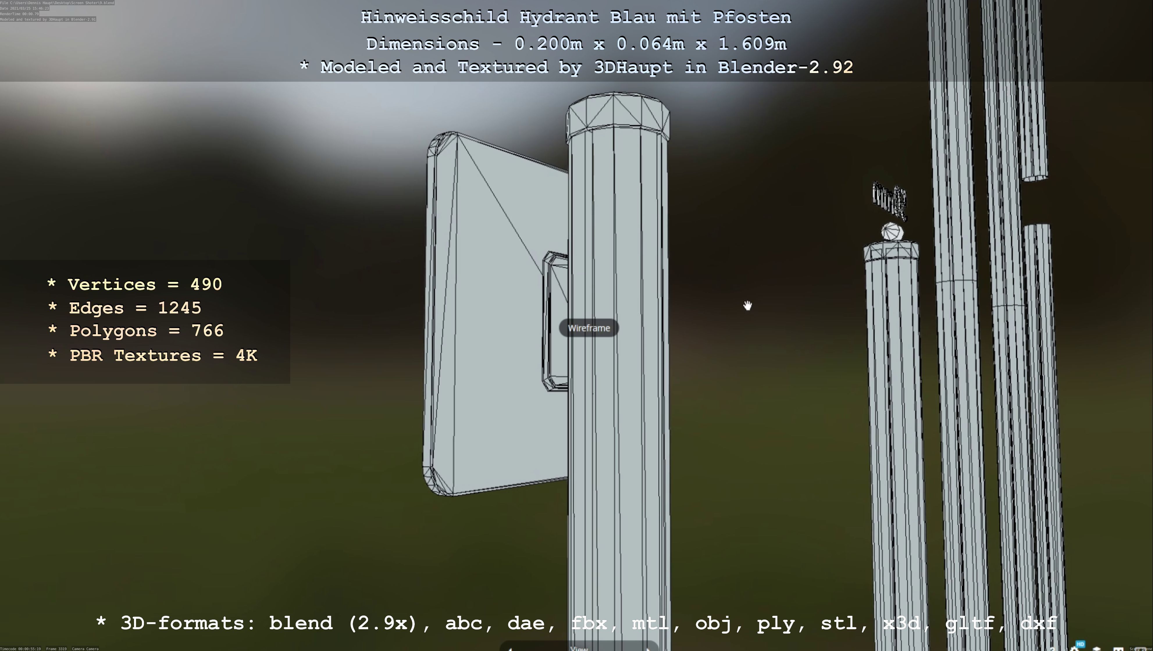 Hinweisschild Hydrant blau mit Pfosten und Rahmen Low-poly 3D model_9