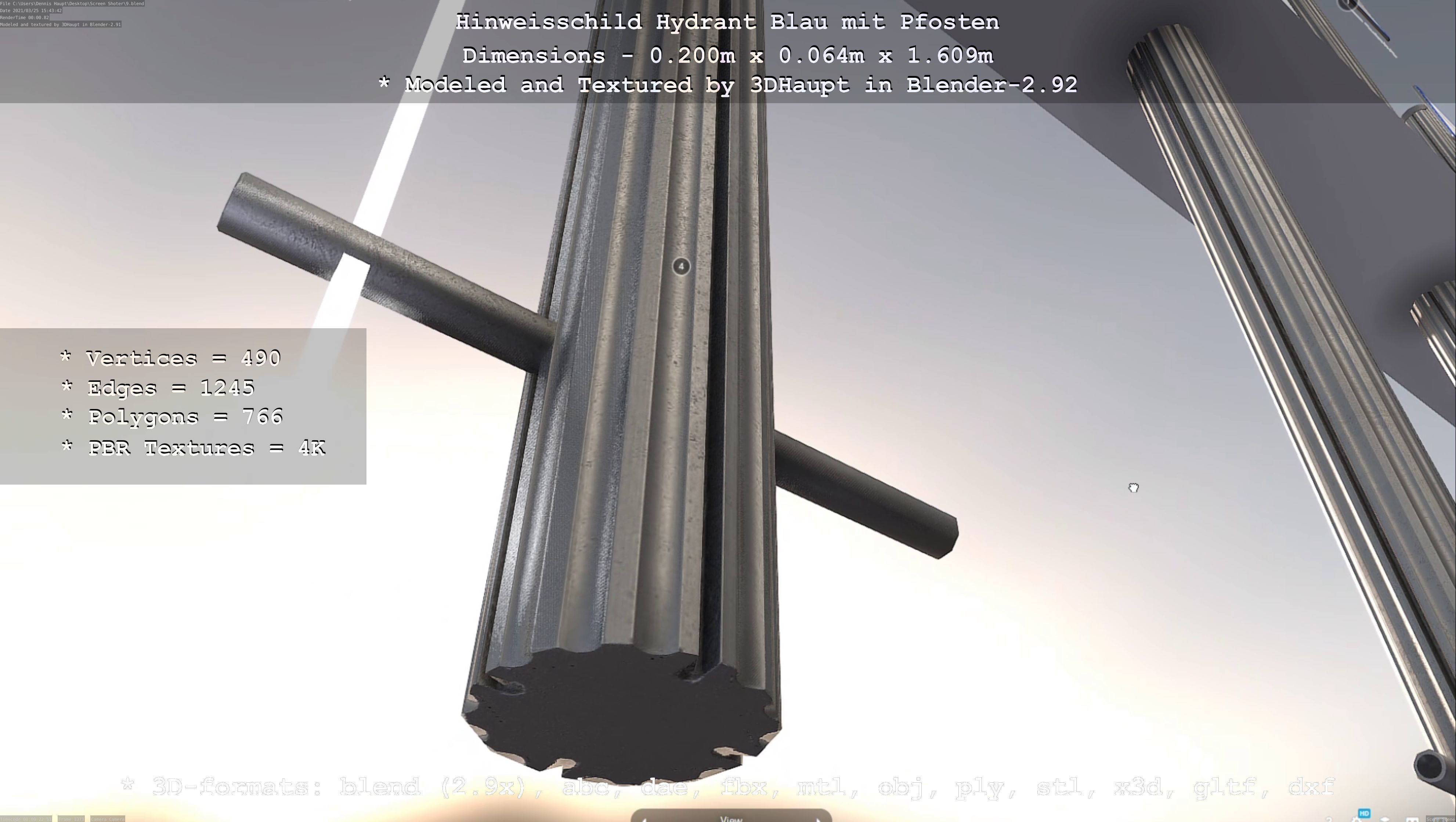 Hinweisschild Hydrant blau mit Pfosten und Rahmen Low-poly 3D model_113