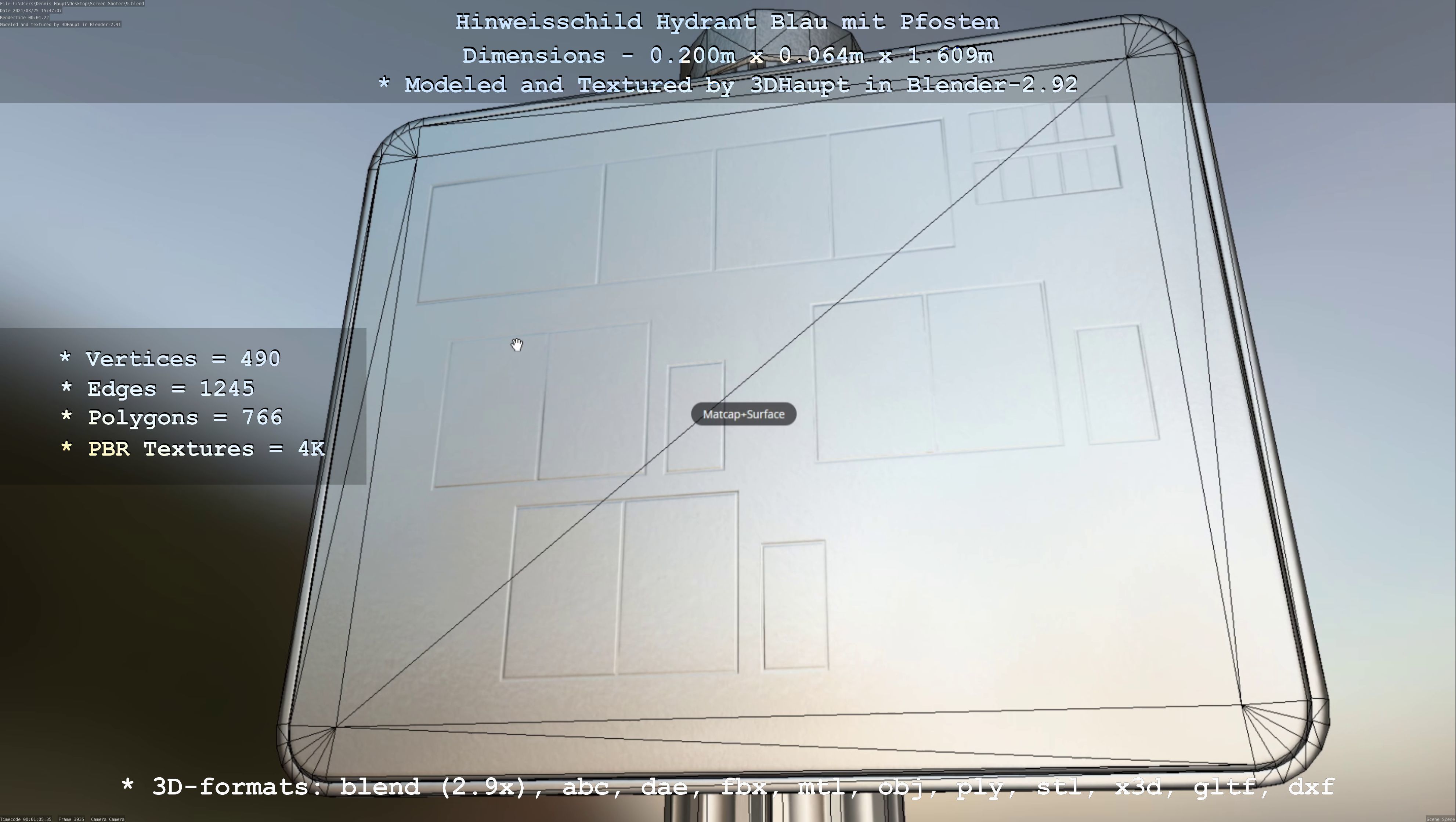 Hinweisschild Hydrant blau mit Pfosten und Rahmen Low-poly 3D model_17