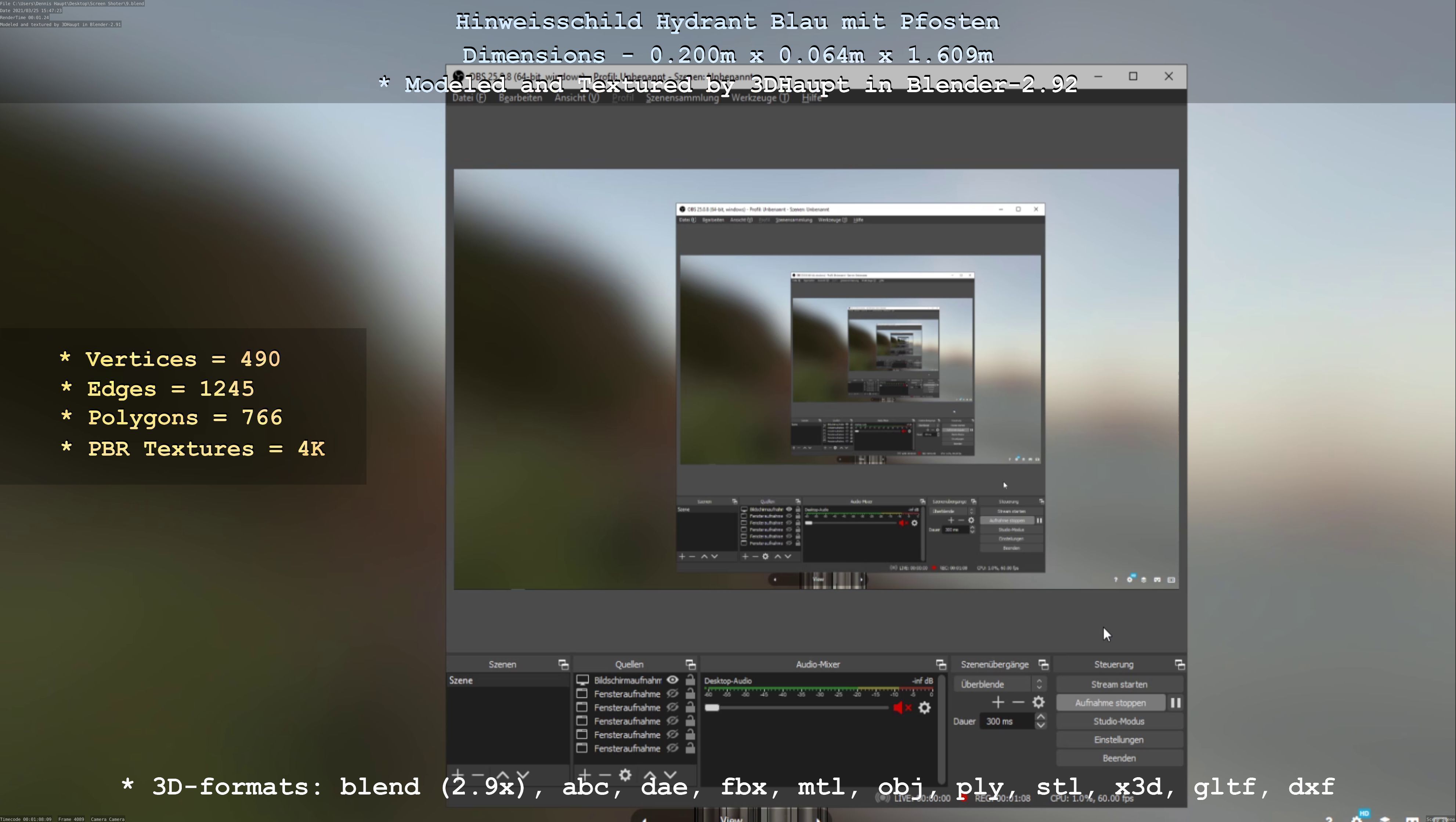Hinweisschild Hydrant blau mit Pfosten und Rahmen Low-poly 3D model_80