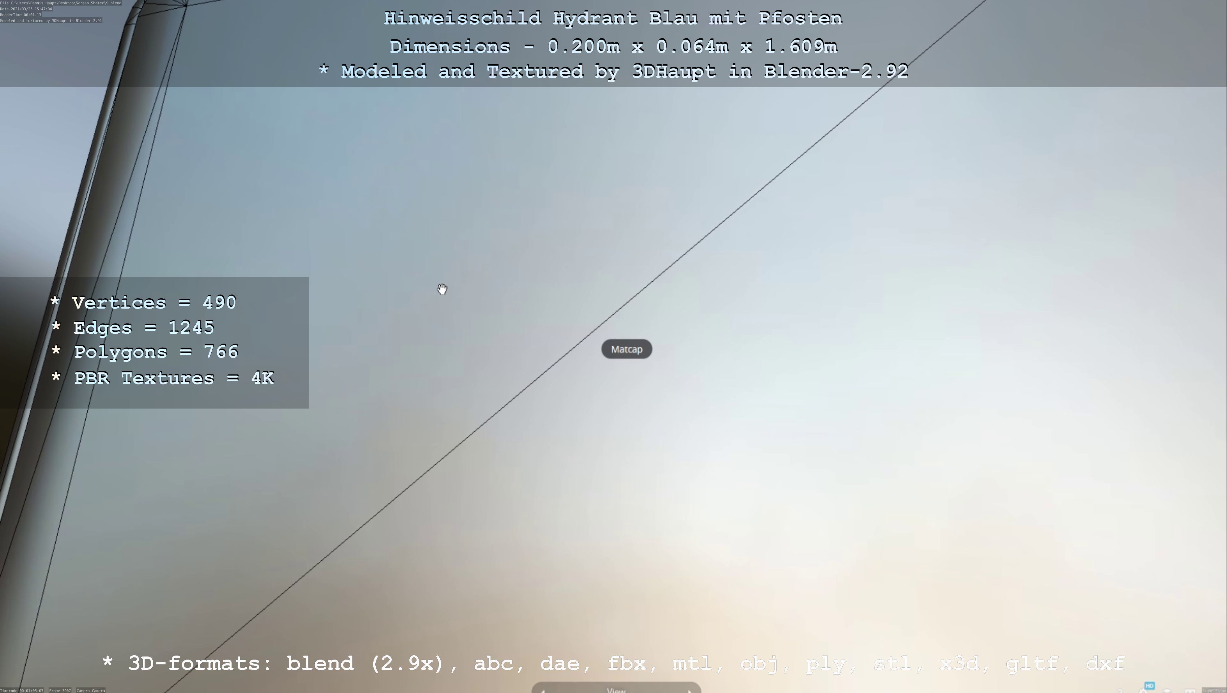 Hinweisschild Hydrant blau mit Pfosten und Rahmen Low-poly 3D model_94