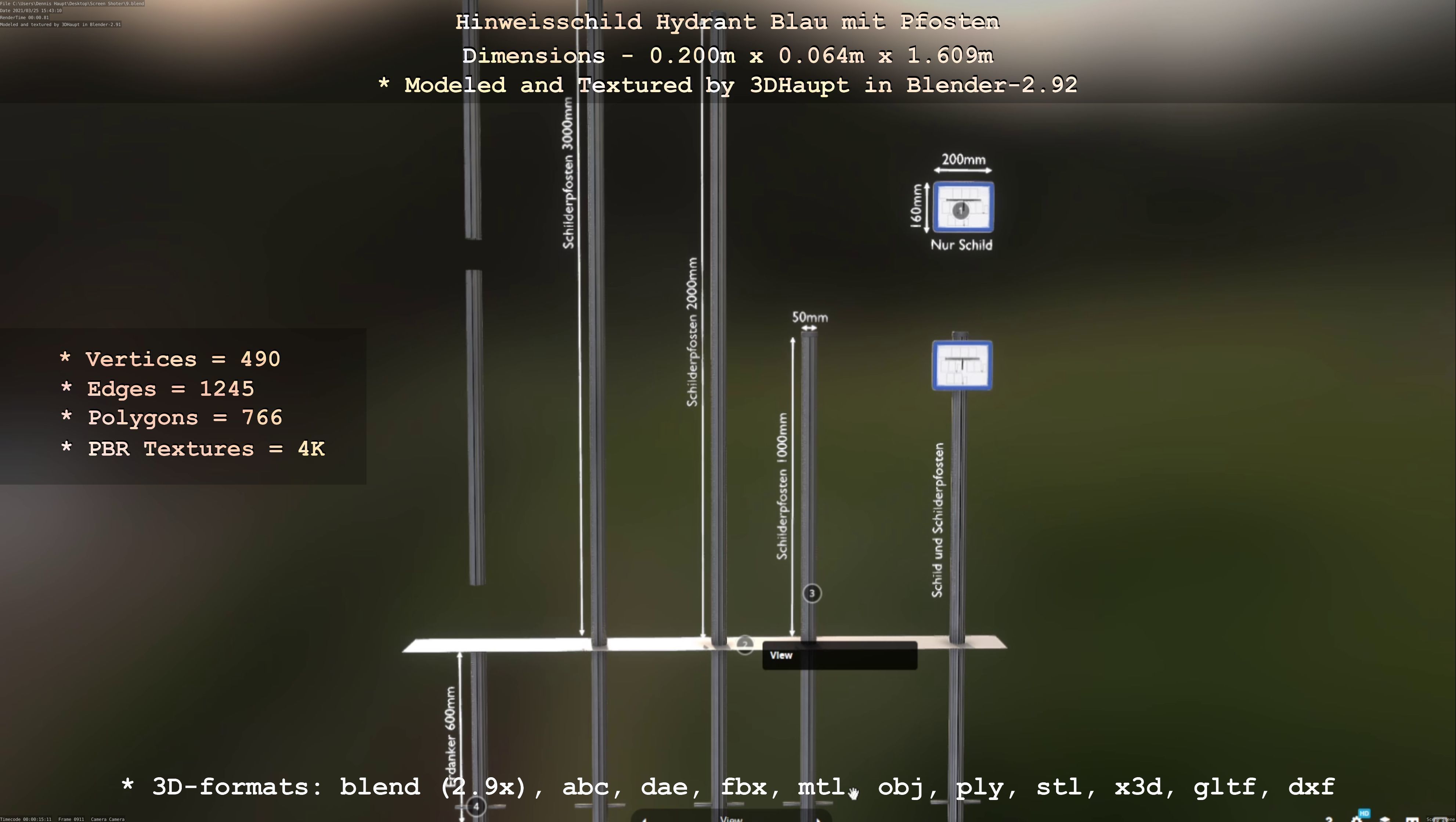 Hinweisschild Hydrant blau mit Pfosten und Rahmen Low-poly 3D model_137