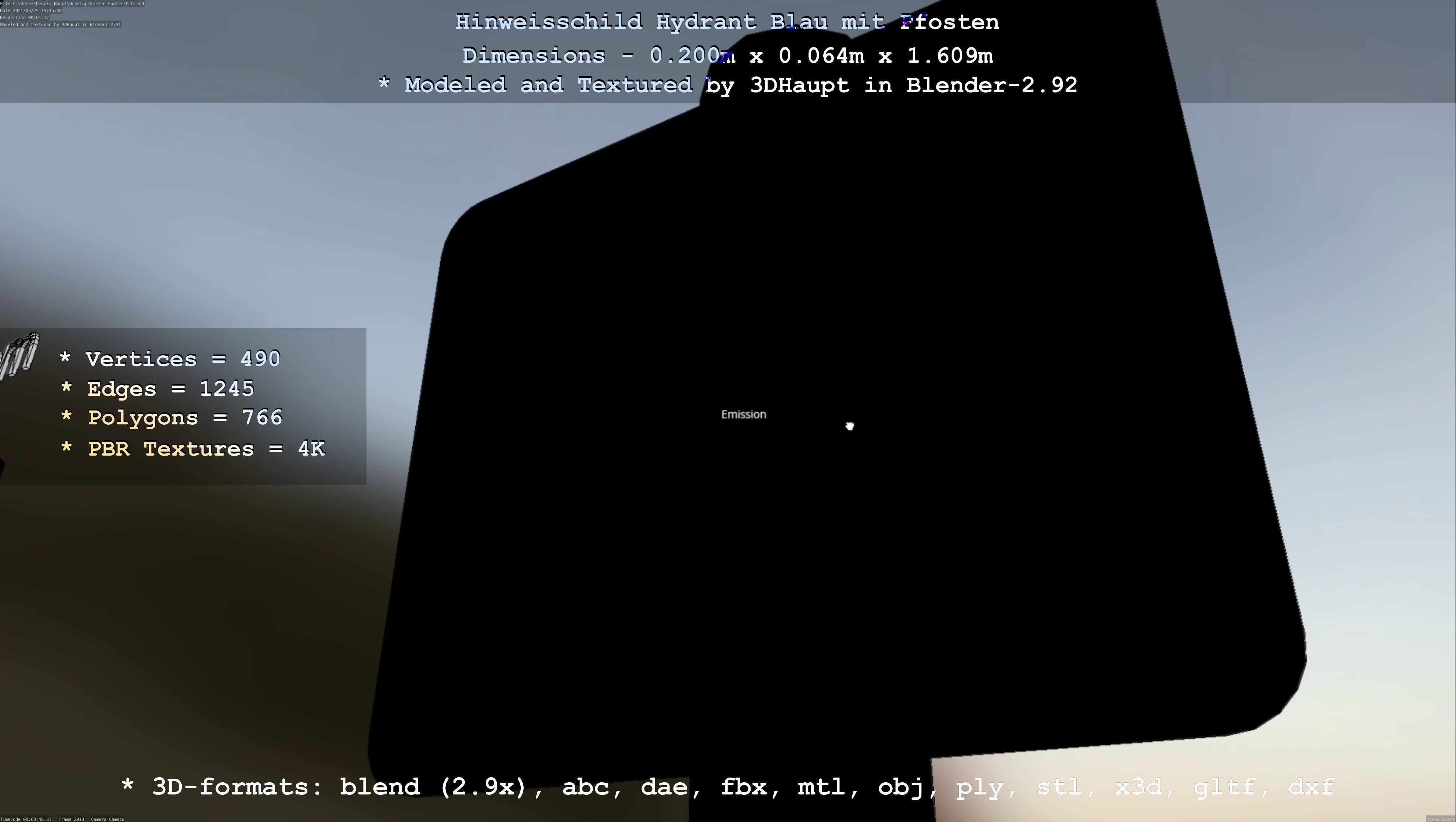 Hinweisschild Hydrant blau mit Pfosten und Rahmen Low-poly 3D model_81