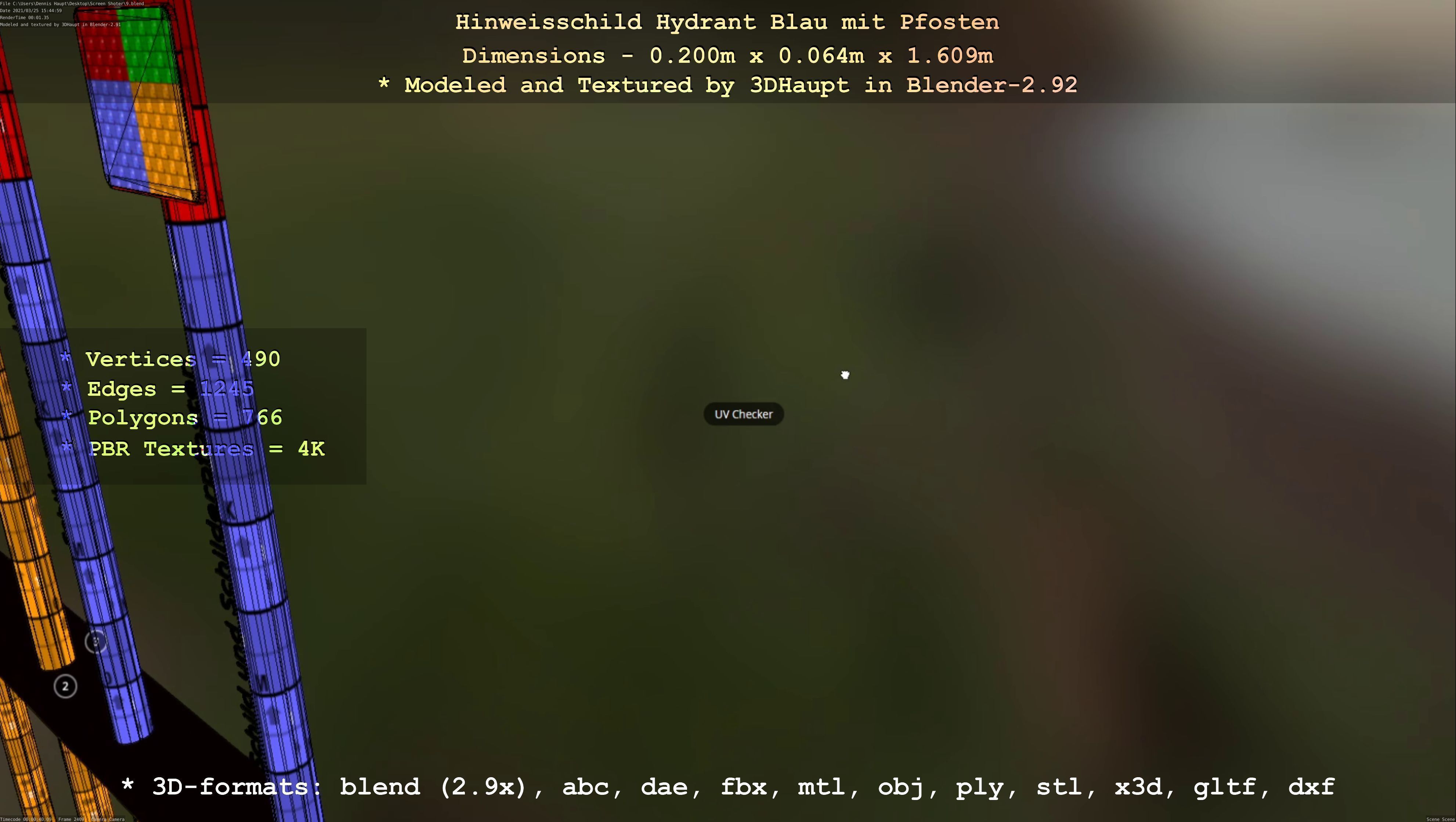 Hinweisschild Hydrant blau mit Pfosten und Rahmen Low-poly 3D model_68