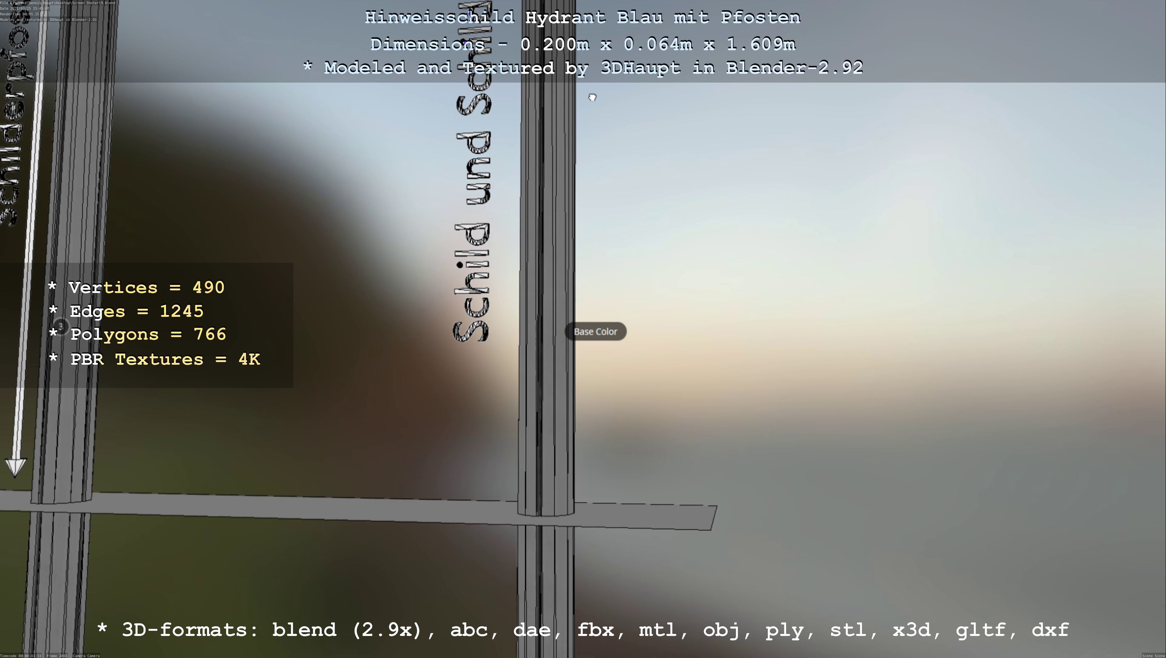 Hinweisschild Hydrant blau mit Pfosten und Rahmen Low-poly 3D model_56