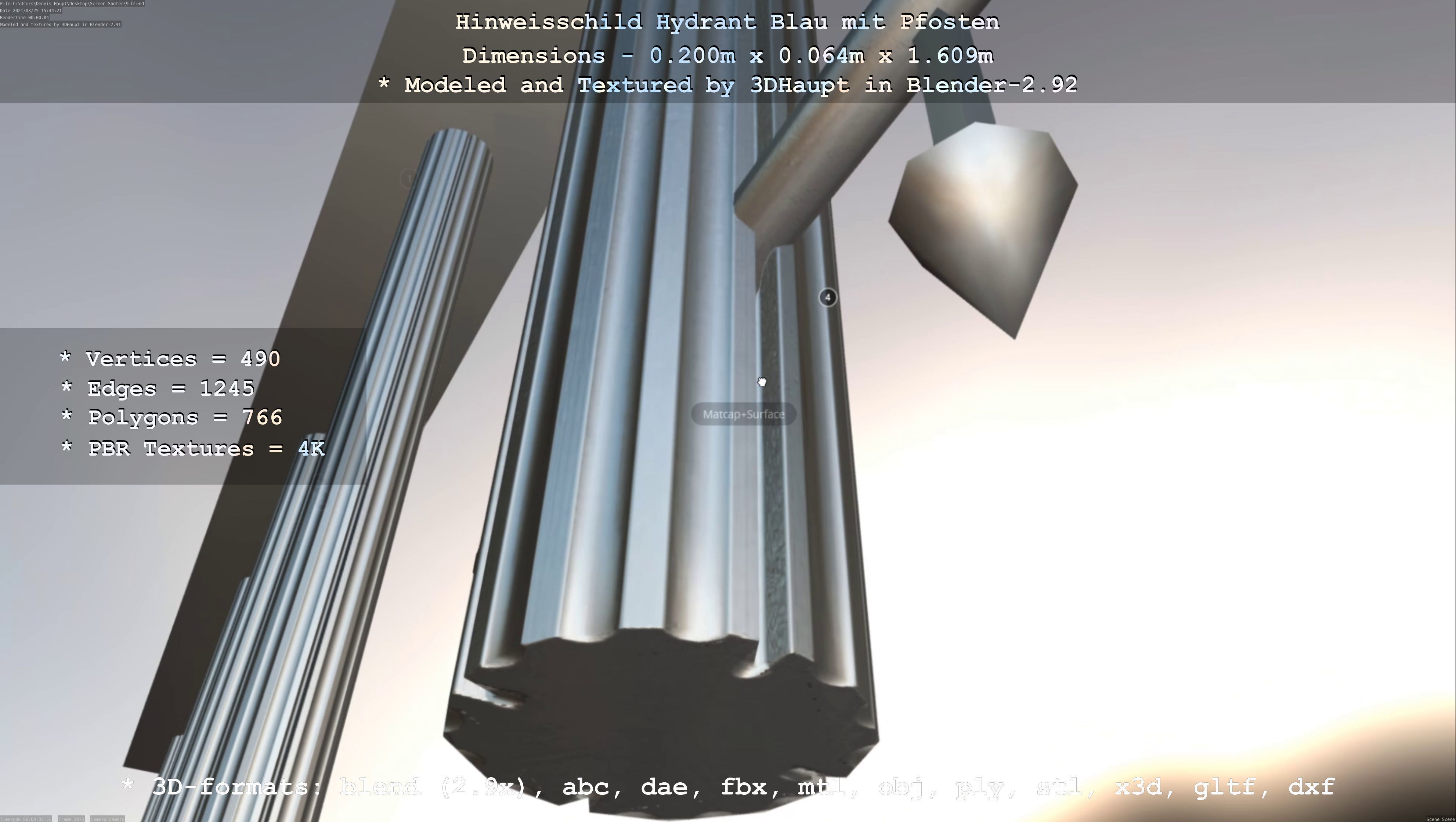 Hinweisschild Hydrant blau mit Pfosten und Rahmen Low-poly 3D model_125