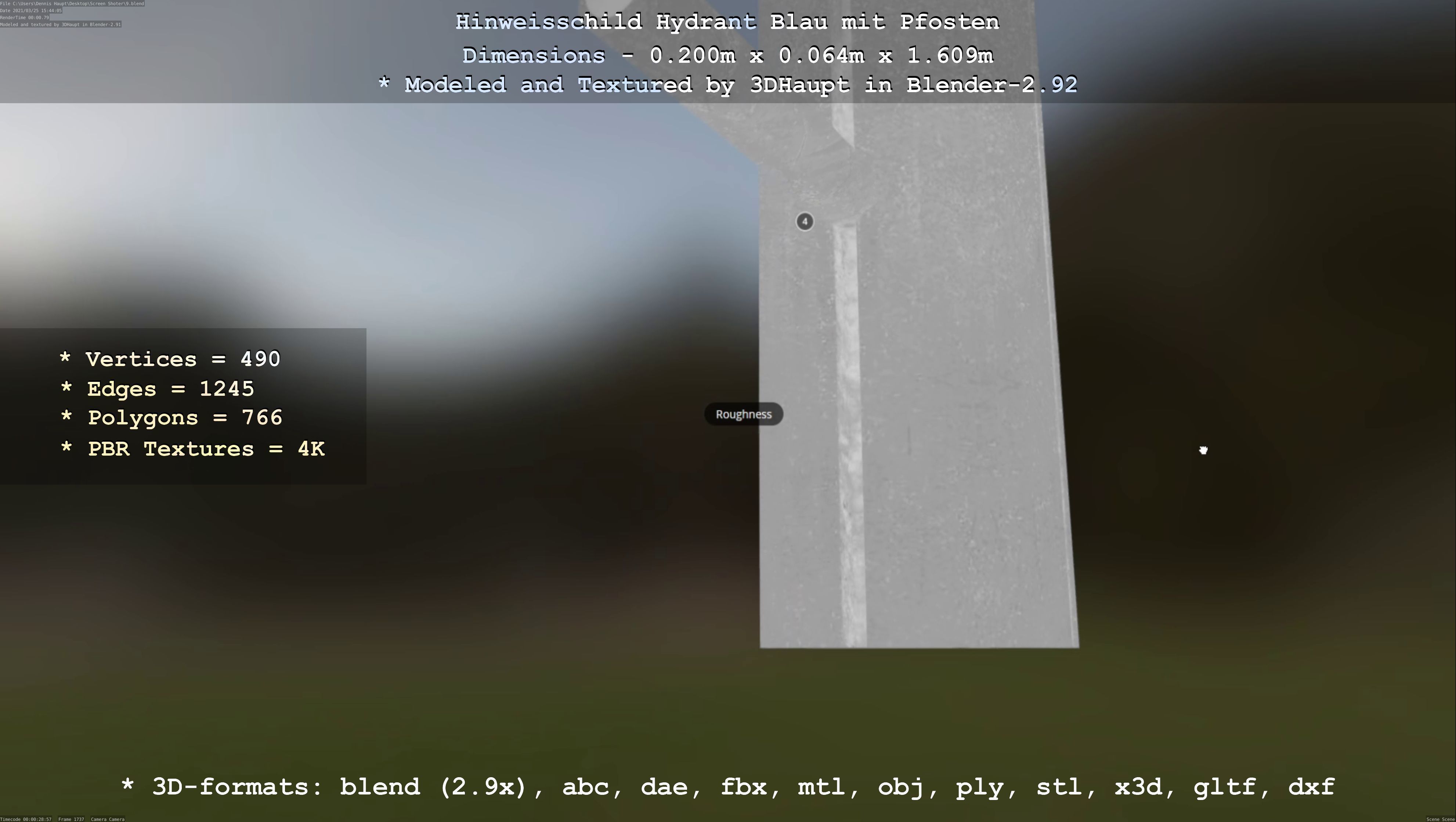 Hinweisschild Hydrant blau mit Pfosten und Rahmen Low-poly 3D model_105