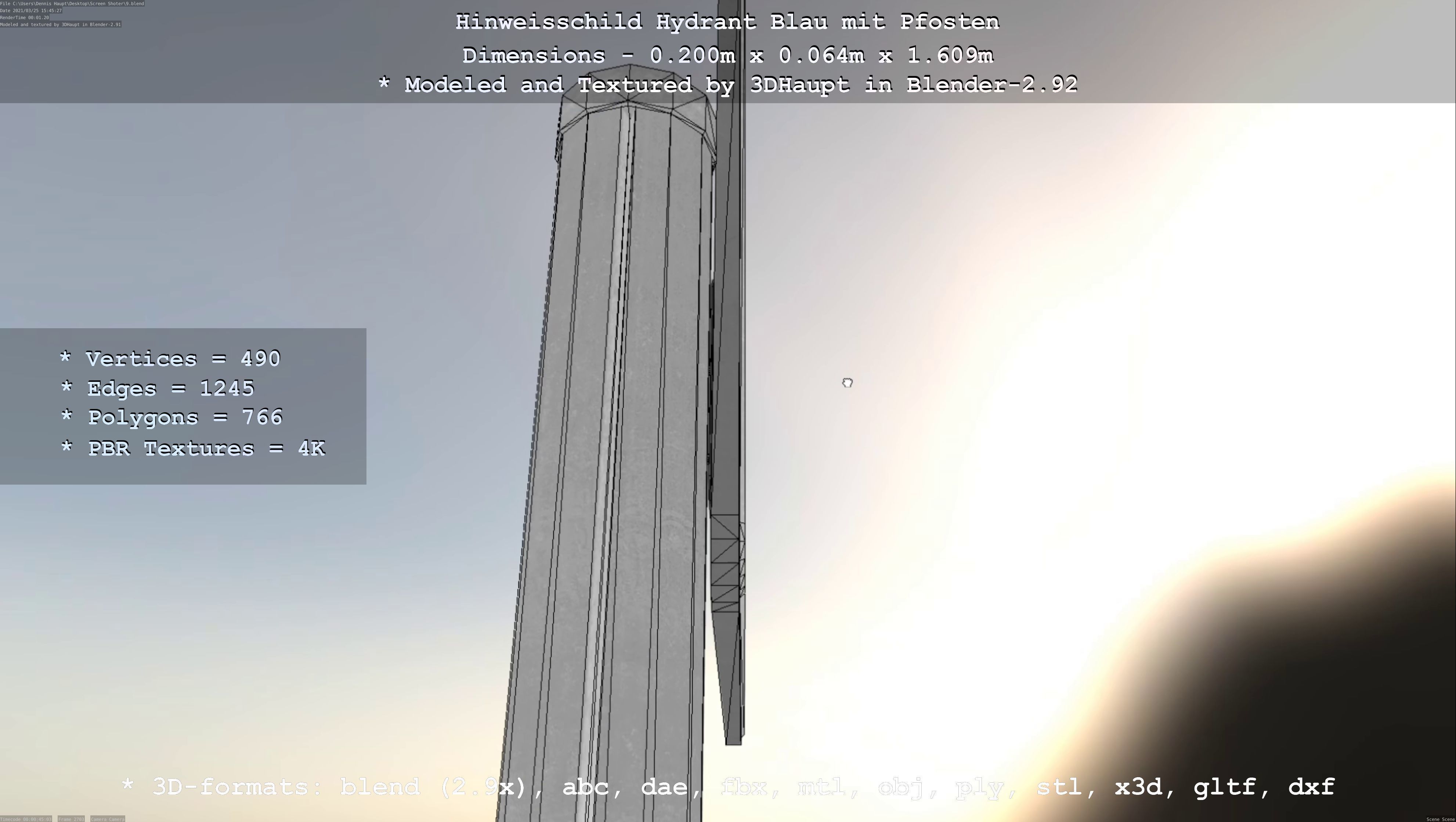 Hinweisschild Hydrant blau mit Pfosten und Rahmen Low-poly 3D model_46