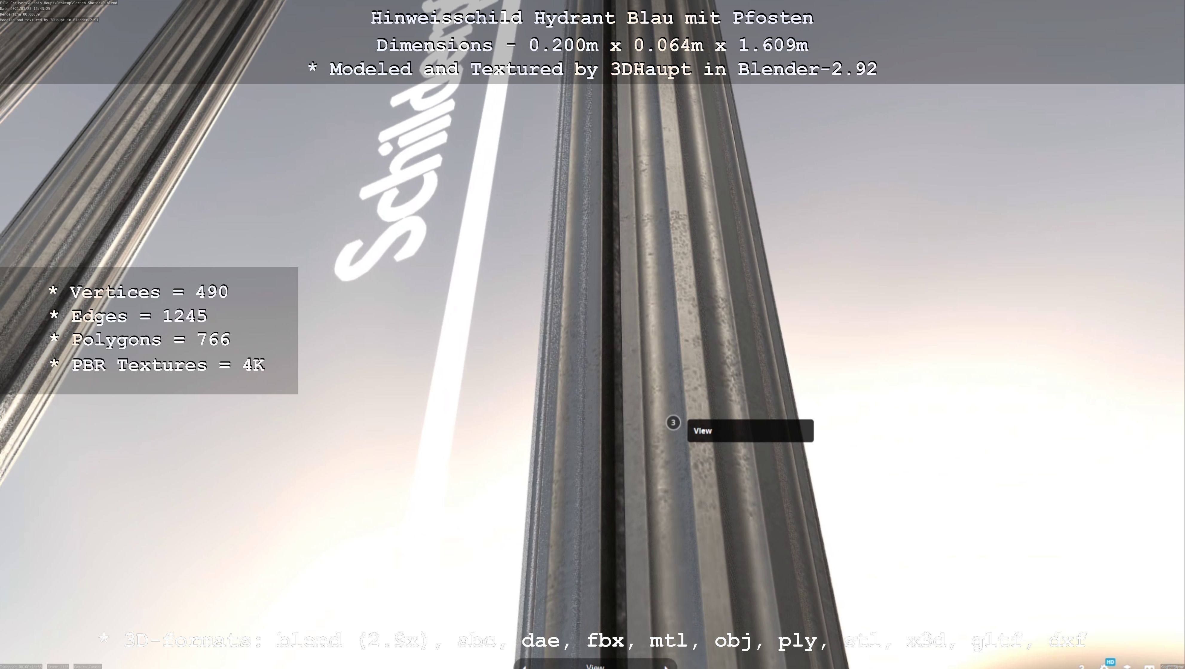 Hinweisschild Hydrant blau mit Pfosten und Rahmen Low-poly 3D model_34