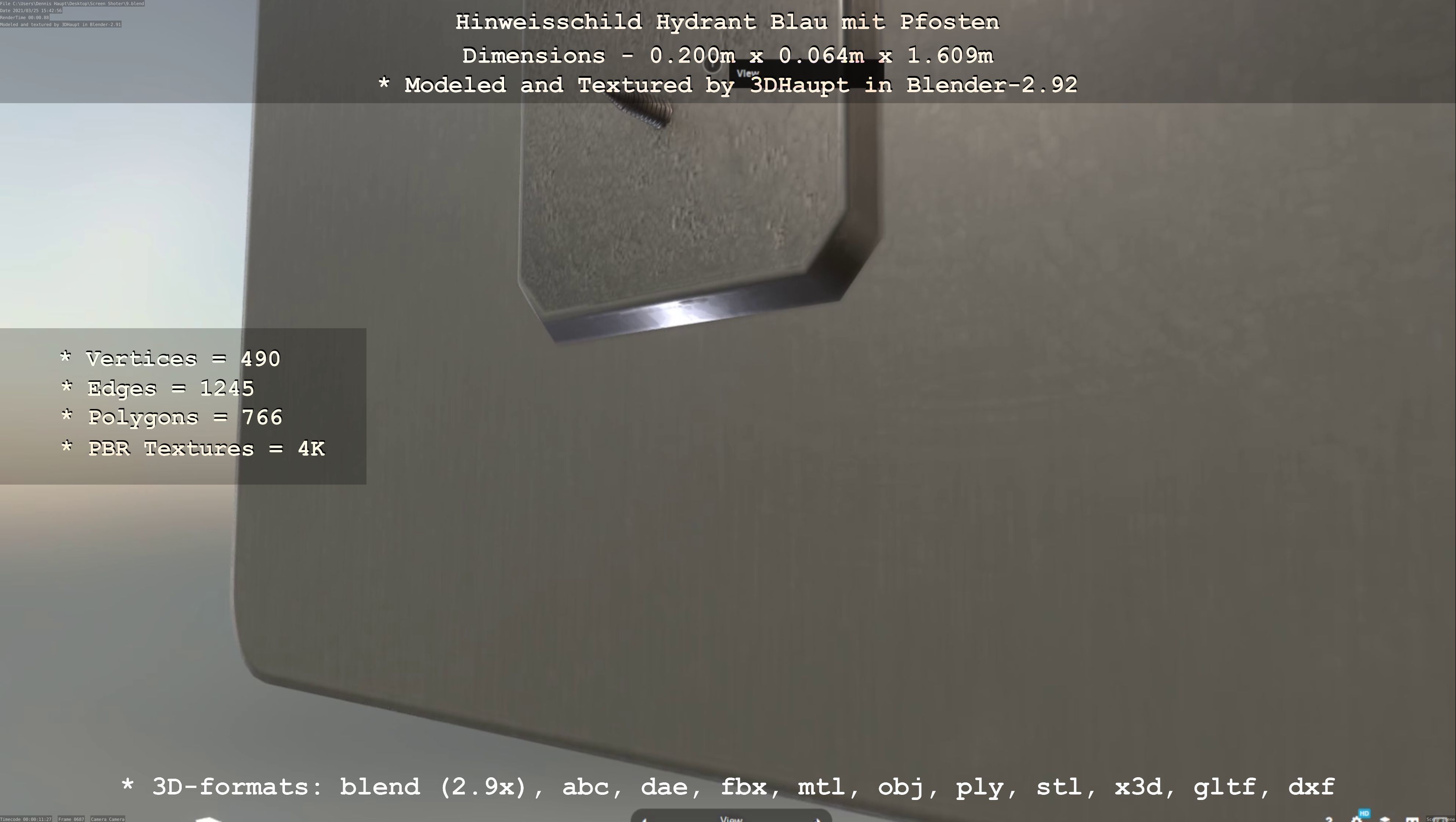 Hinweisschild Hydrant blau mit Pfosten und Rahmen Low-poly 3D model_90