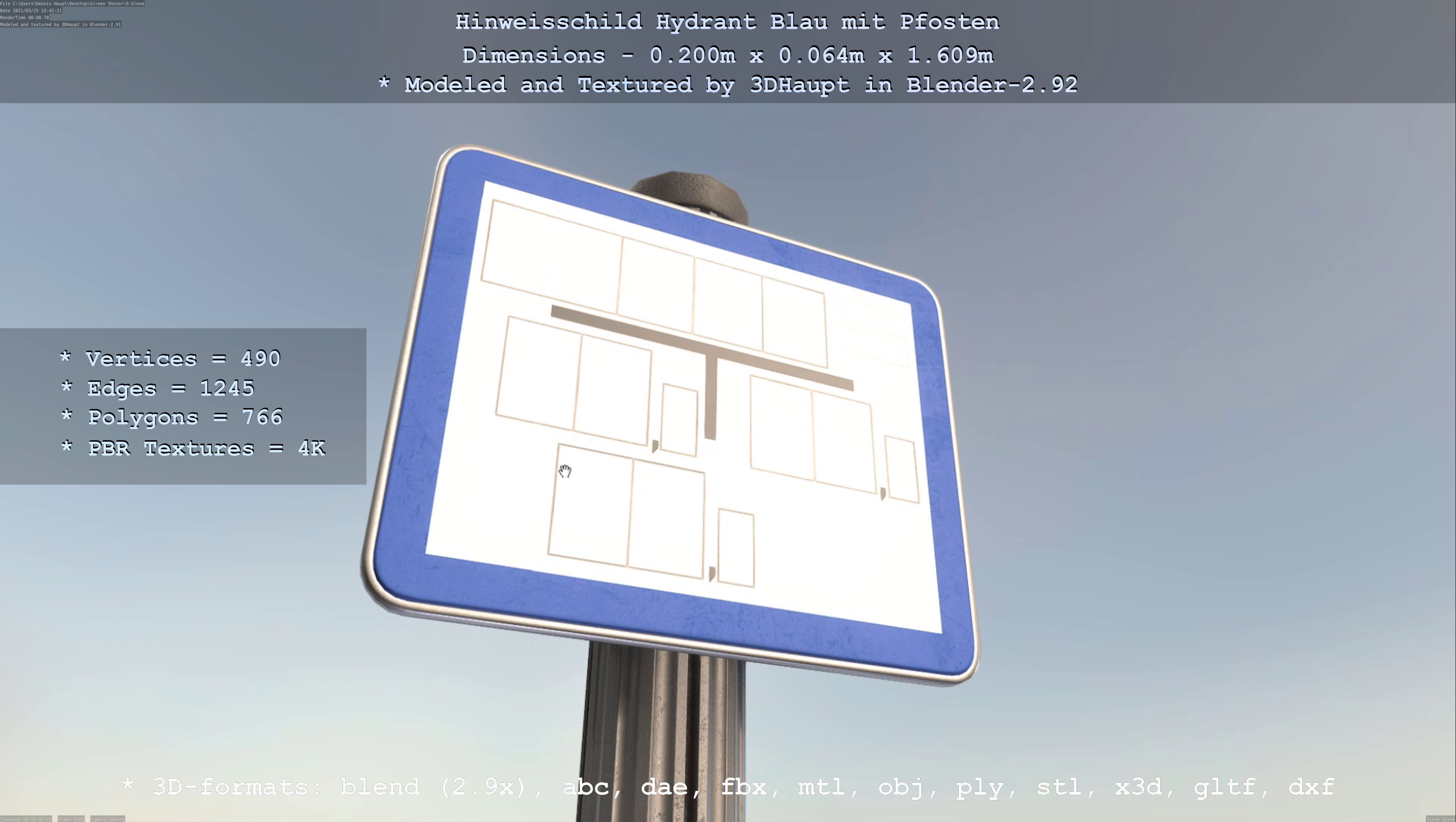 Hinweisschild Hydrant blau mit Pfosten und Rahmen Low-poly 3D model_142