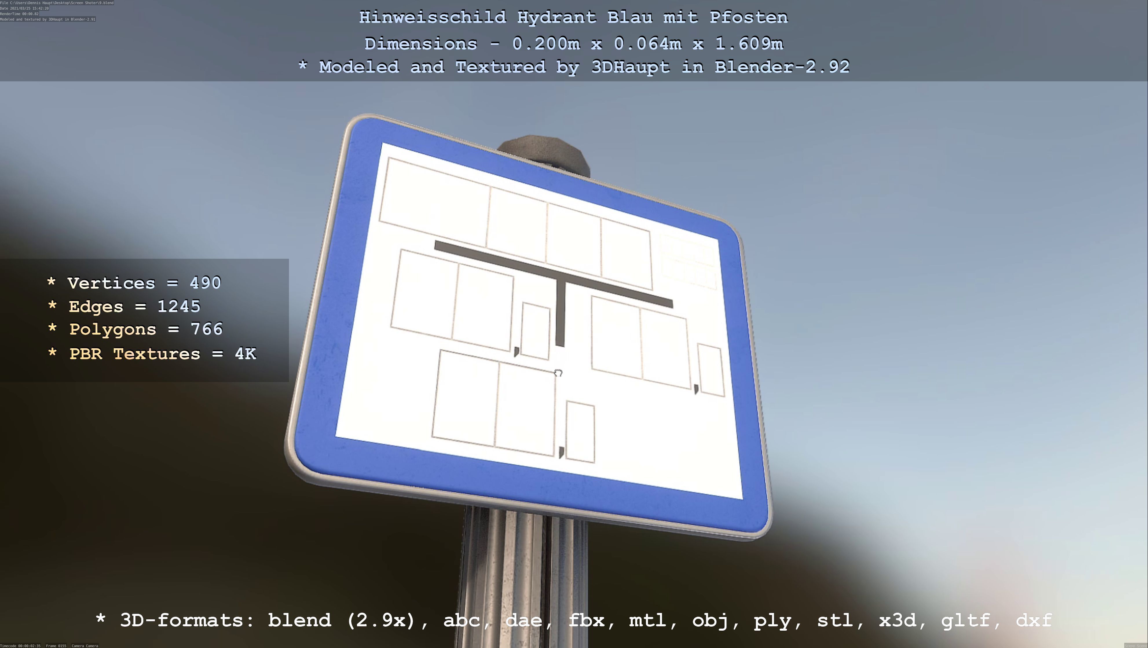 Hinweisschild Hydrant blau mit Pfosten und Rahmen Low-poly 3D model_23