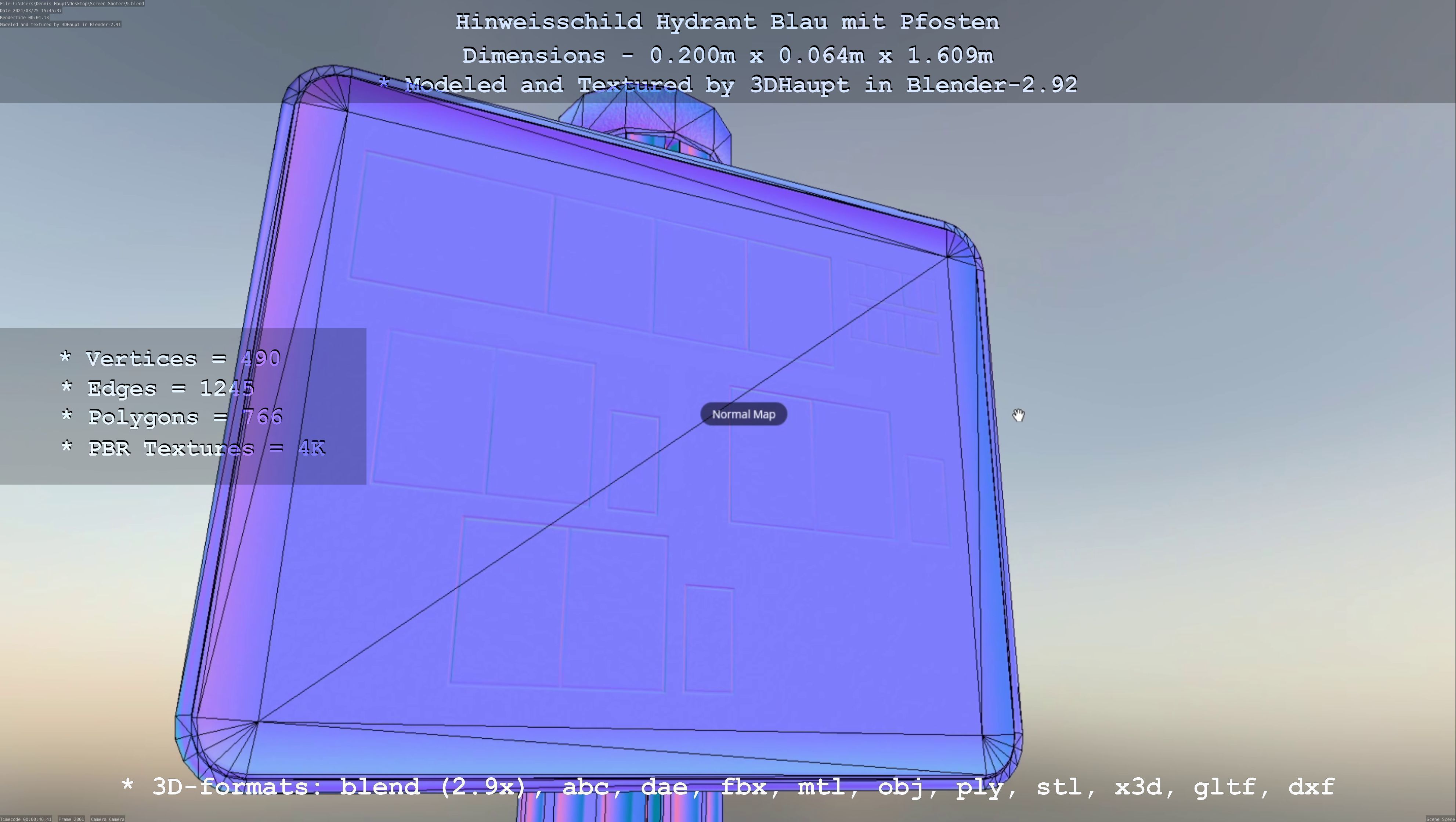 Hinweisschild Hydrant blau mit Pfosten und Rahmen Low-poly 3D model_75