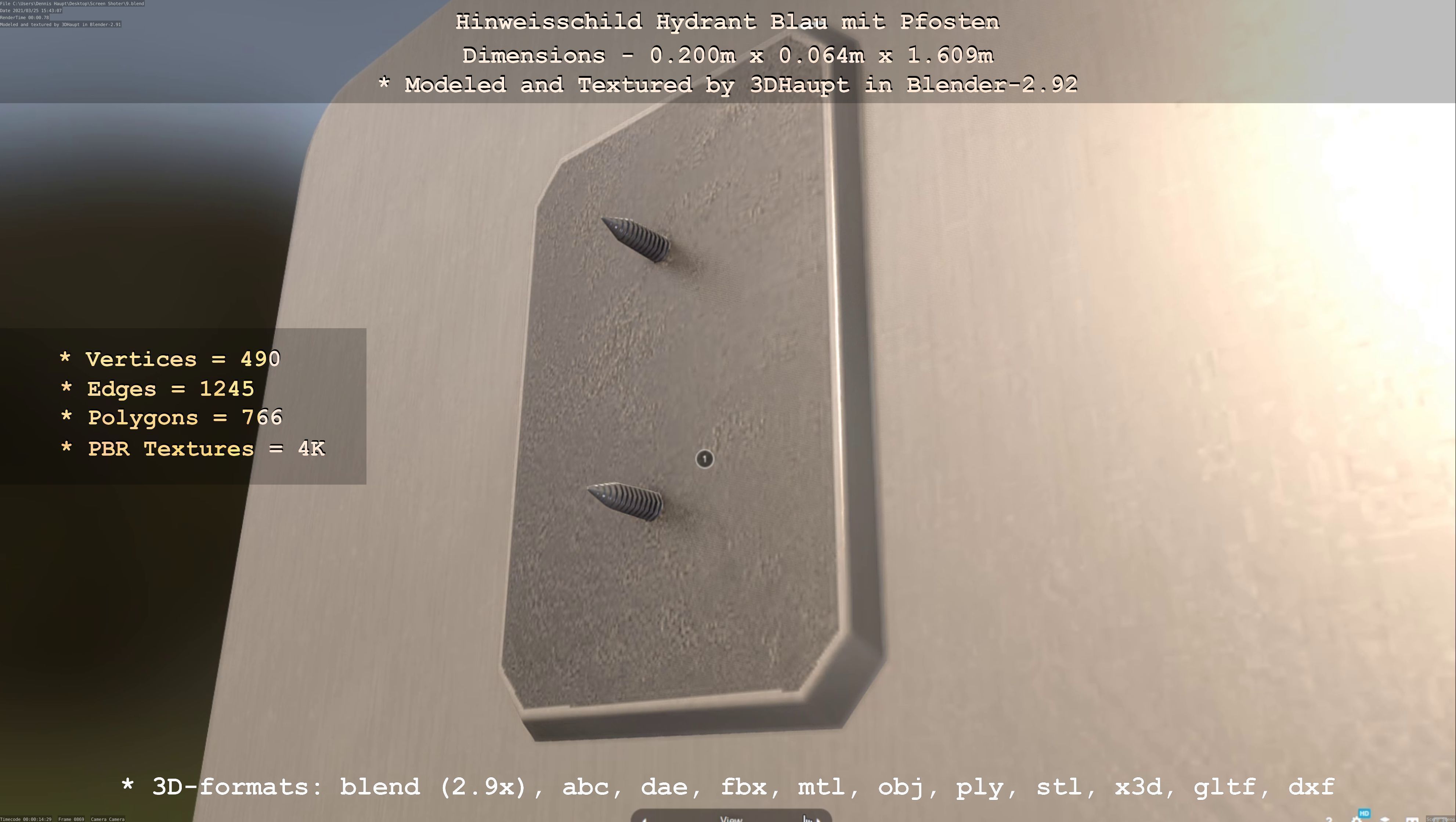 Hinweisschild Hydrant blau mit Pfosten und Rahmen Low-poly 3D model_143