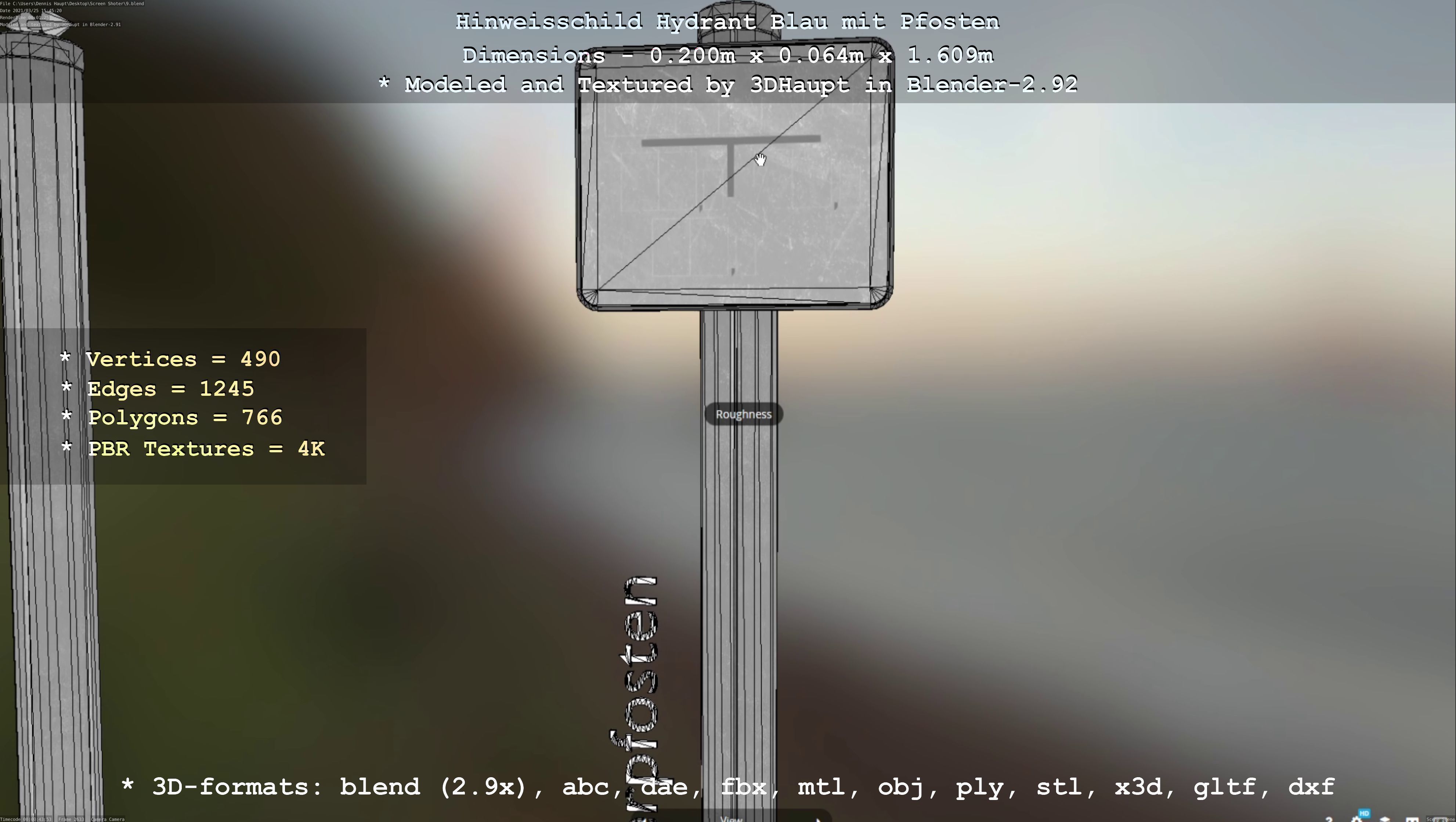 Hinweisschild Hydrant blau mit Pfosten und Rahmen Low-poly 3D model_65