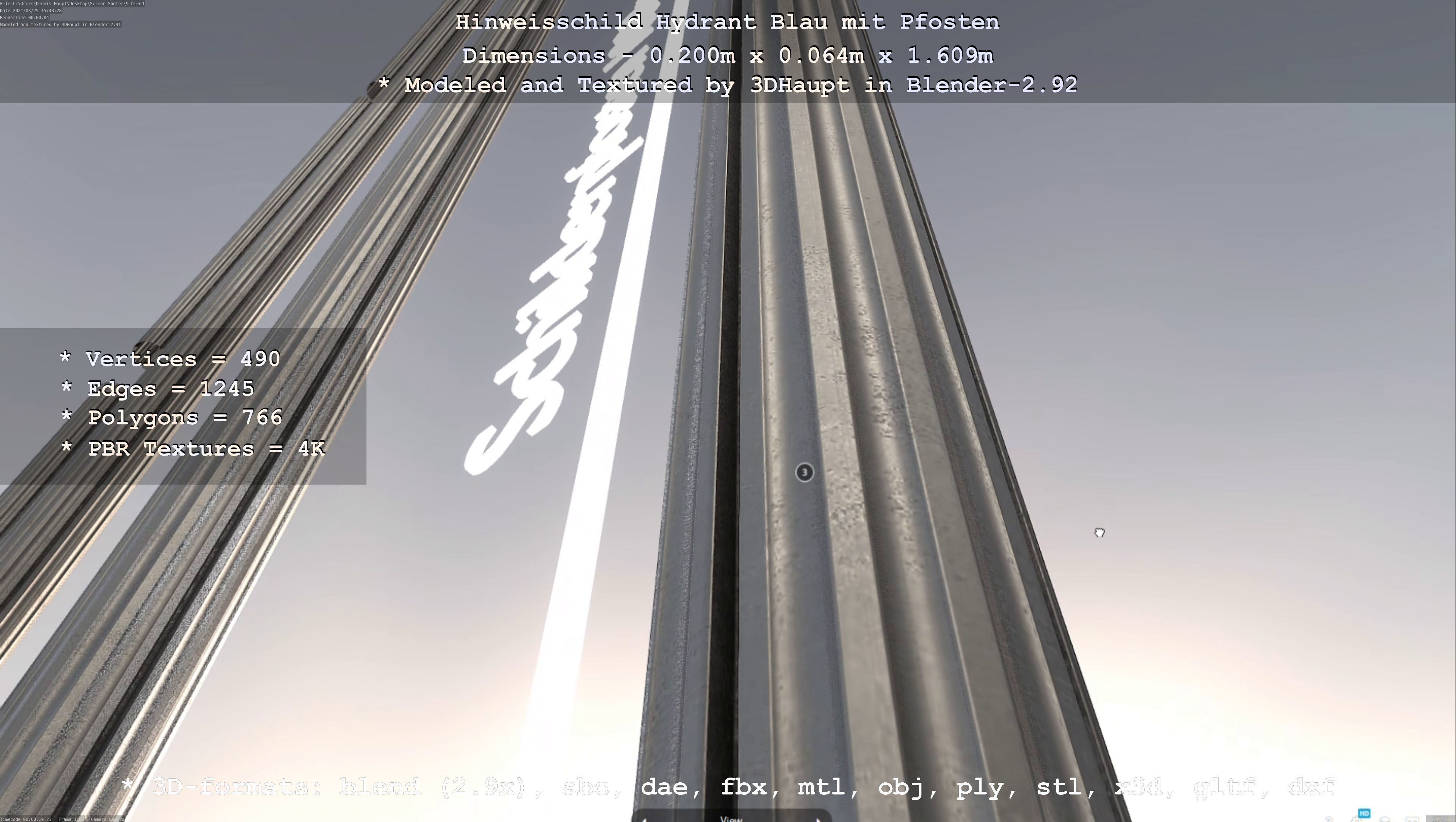 Hinweisschild Hydrant blau mit Pfosten und Rahmen Low-poly 3D model_88