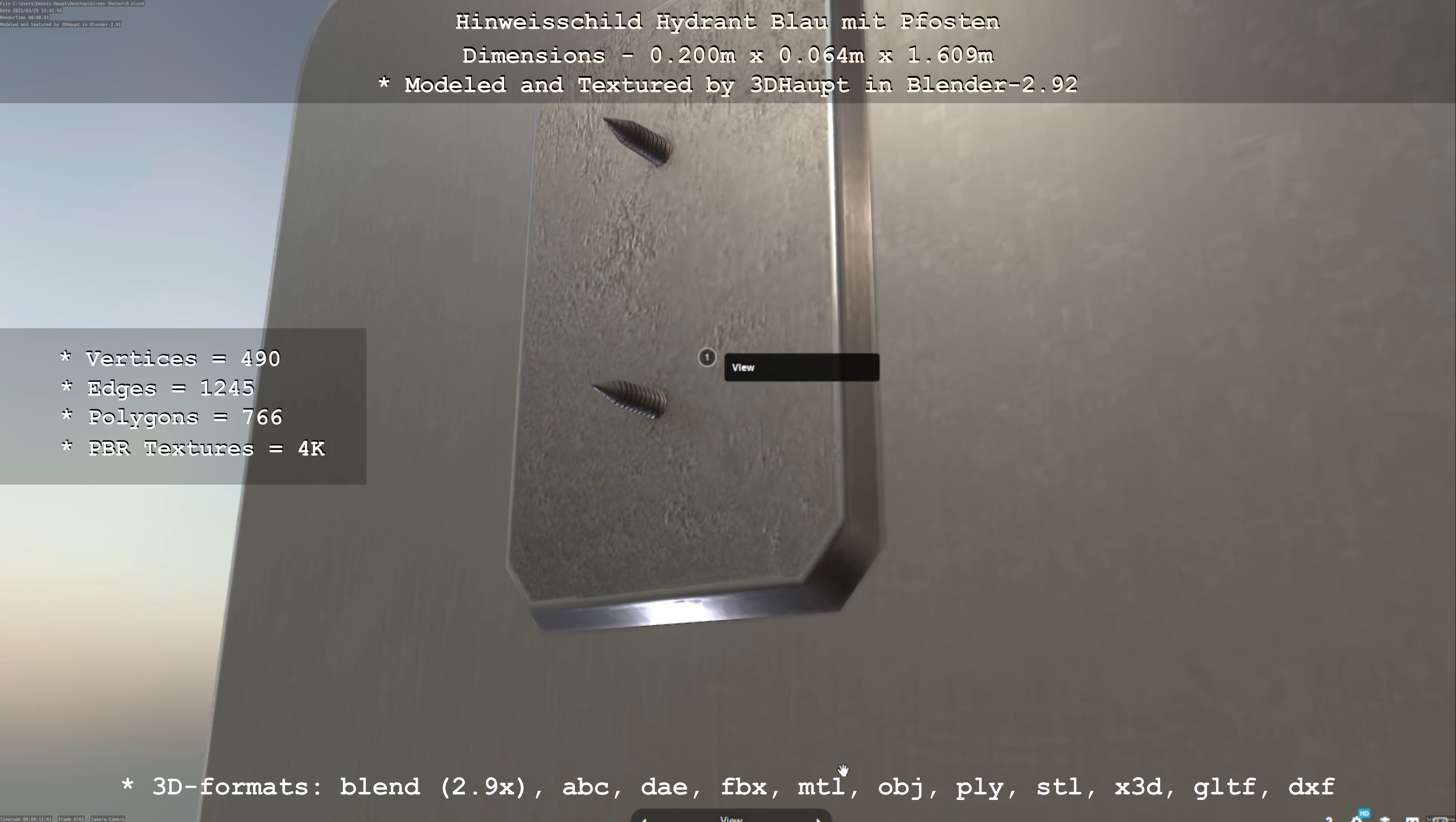 Hinweisschild Hydrant blau mit Pfosten und Rahmen Low-poly 3D model_127