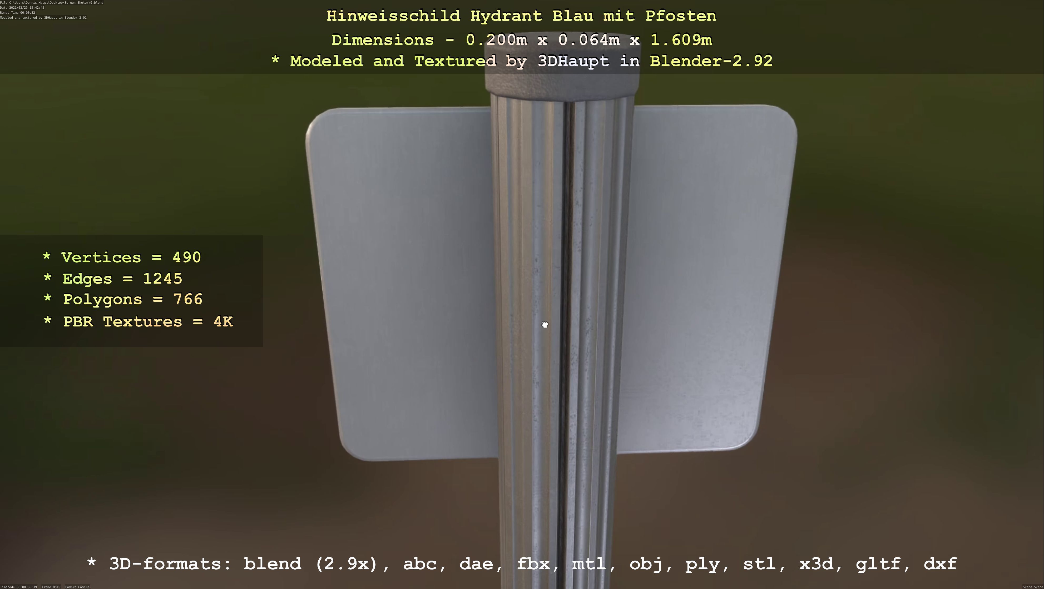 Hinweisschild Hydrant blau mit Pfosten und Rahmen Low-poly 3D model_29