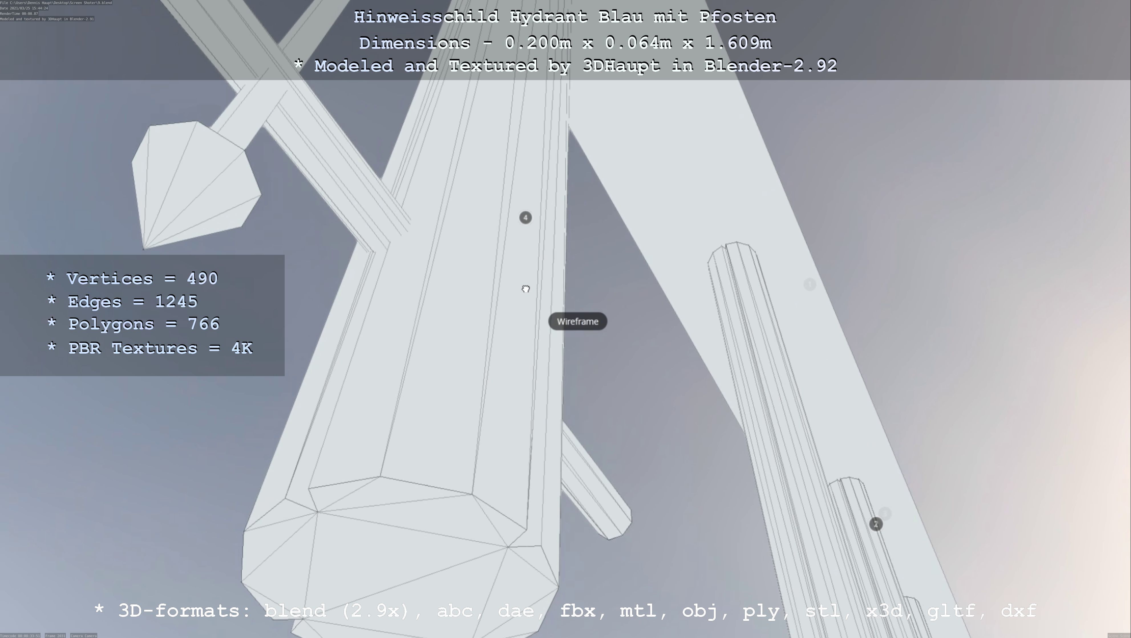 Hinweisschild Hydrant blau mit Pfosten und Rahmen Low-poly 3D model_2