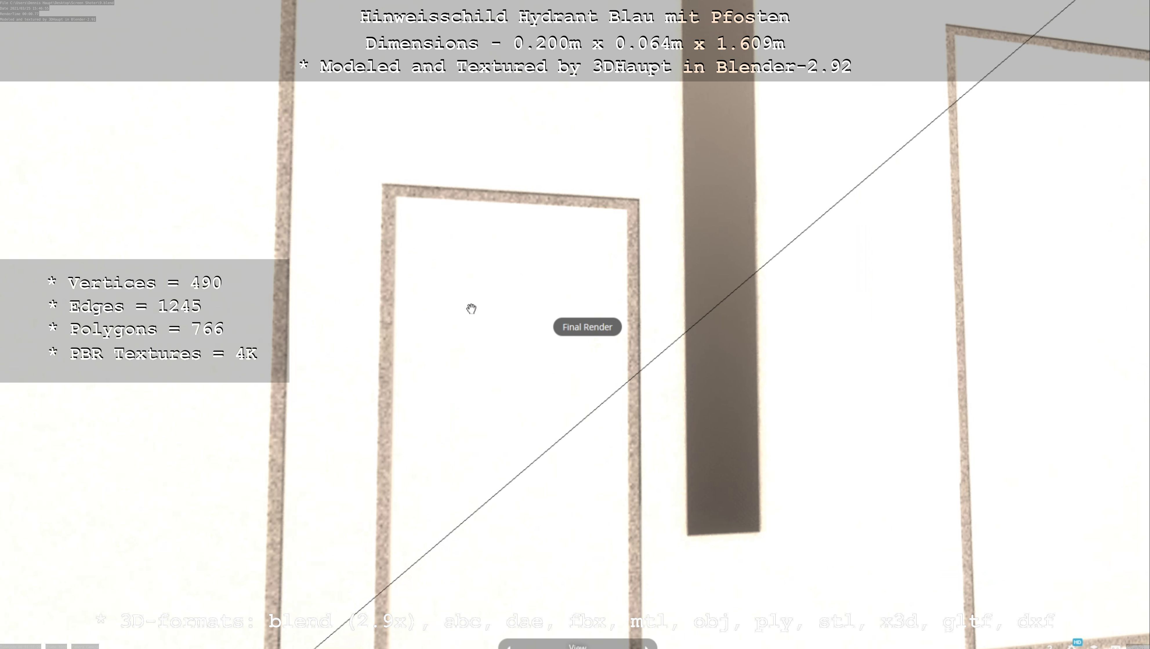 Hinweisschild Hydrant blau mit Pfosten und Rahmen Low-poly 3D model_102