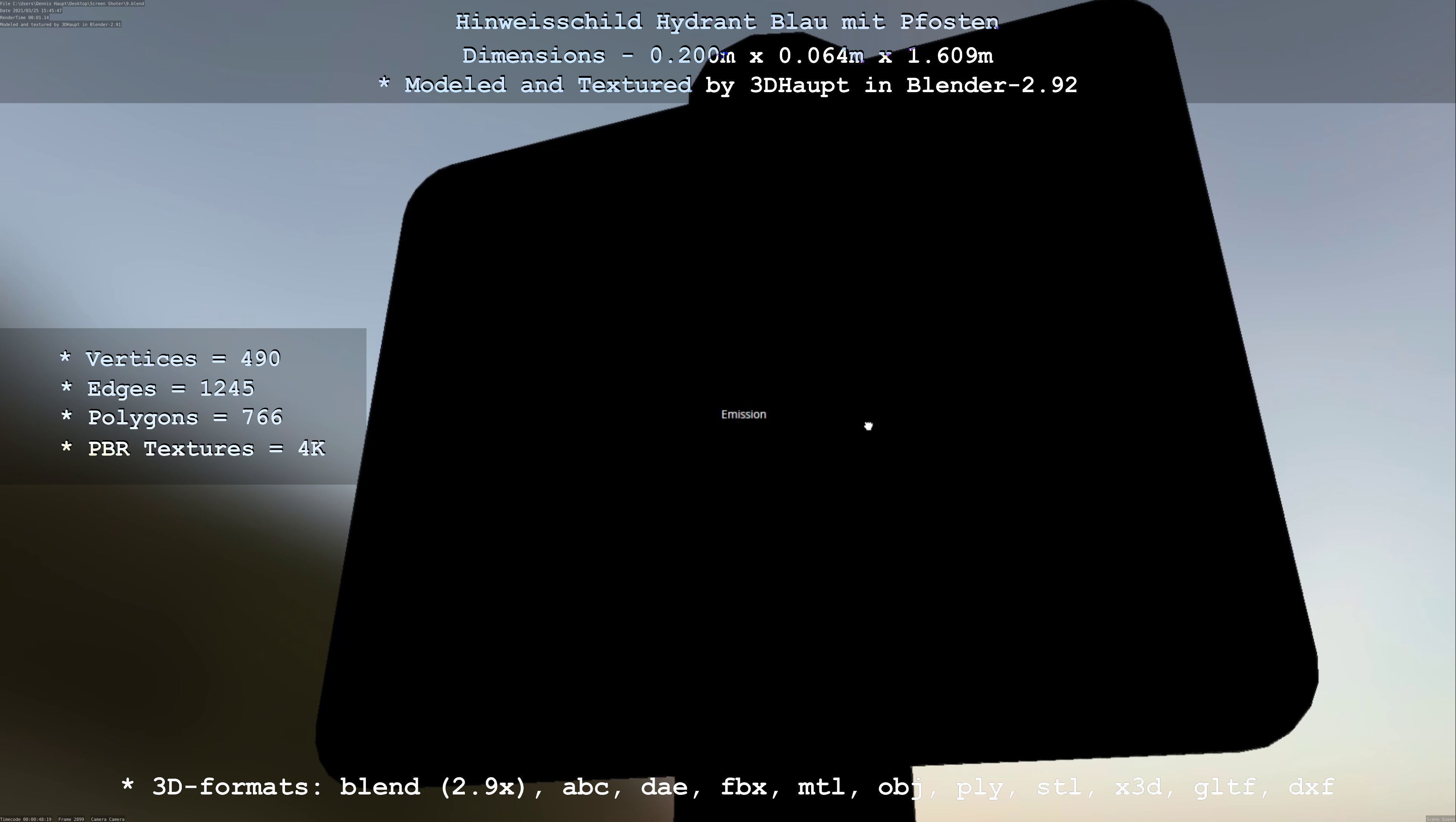 Hinweisschild Hydrant blau mit Pfosten und Rahmen Low-poly 3D model_61