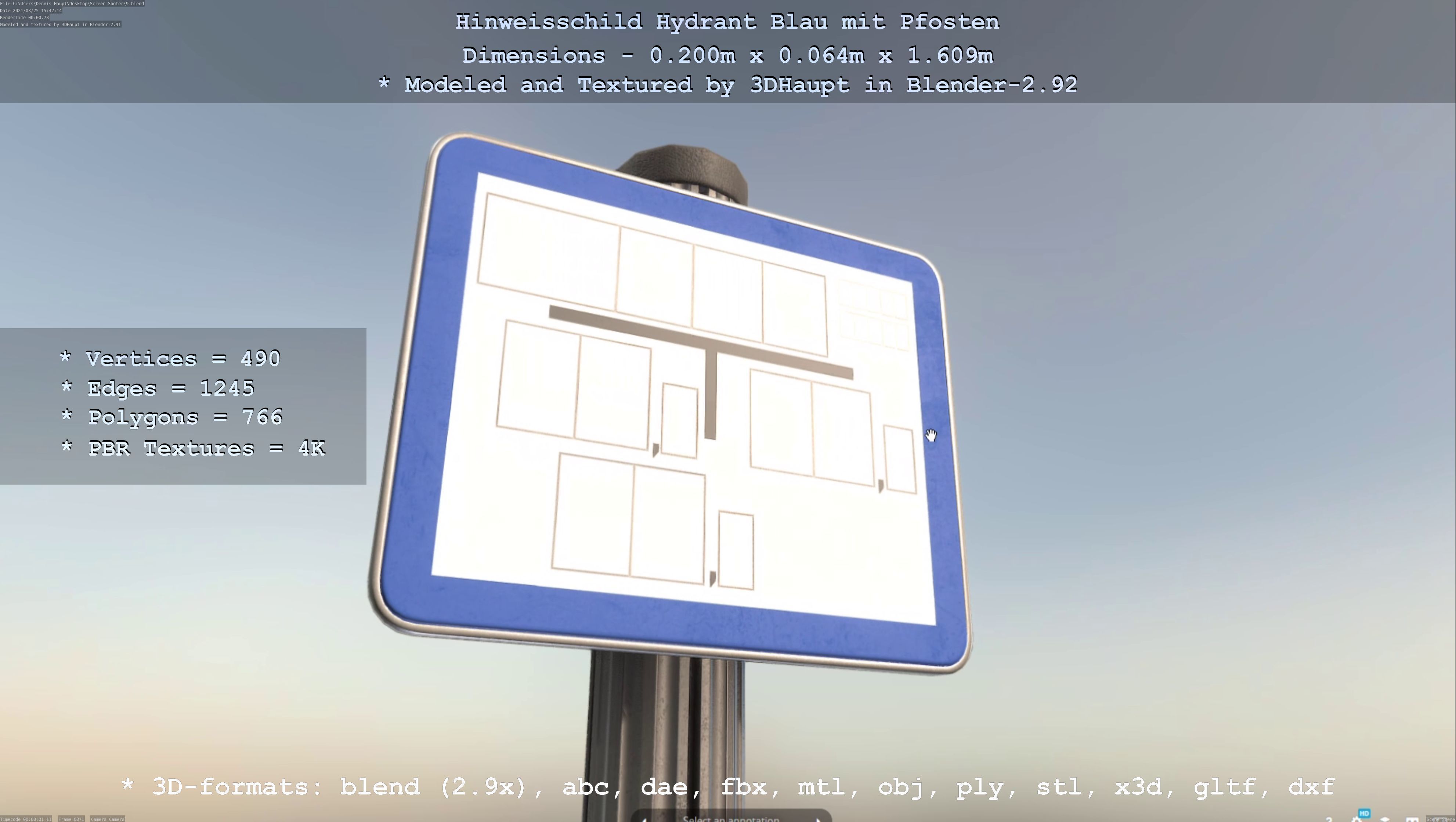 Hinweisschild Hydrant blau mit Pfosten und Rahmen Low-poly 3D model_22