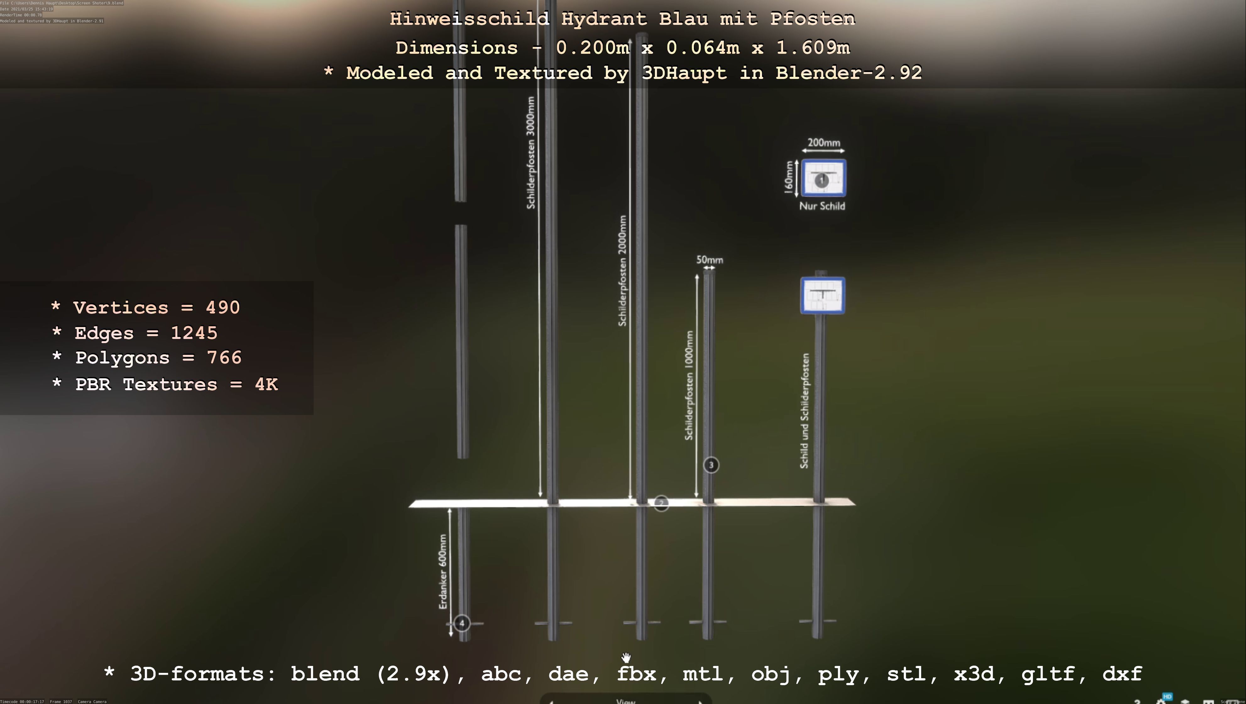 Hinweisschild Hydrant blau mit Pfosten und Rahmen Low-poly 3D model_101