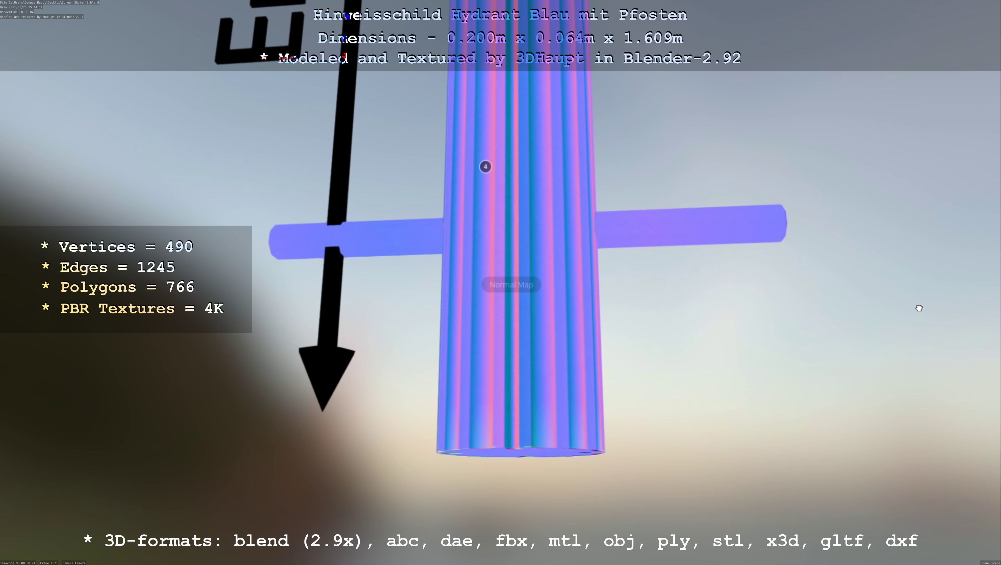 Hinweisschild Hydrant blau mit Pfosten und Rahmen Low-poly 3D model_96