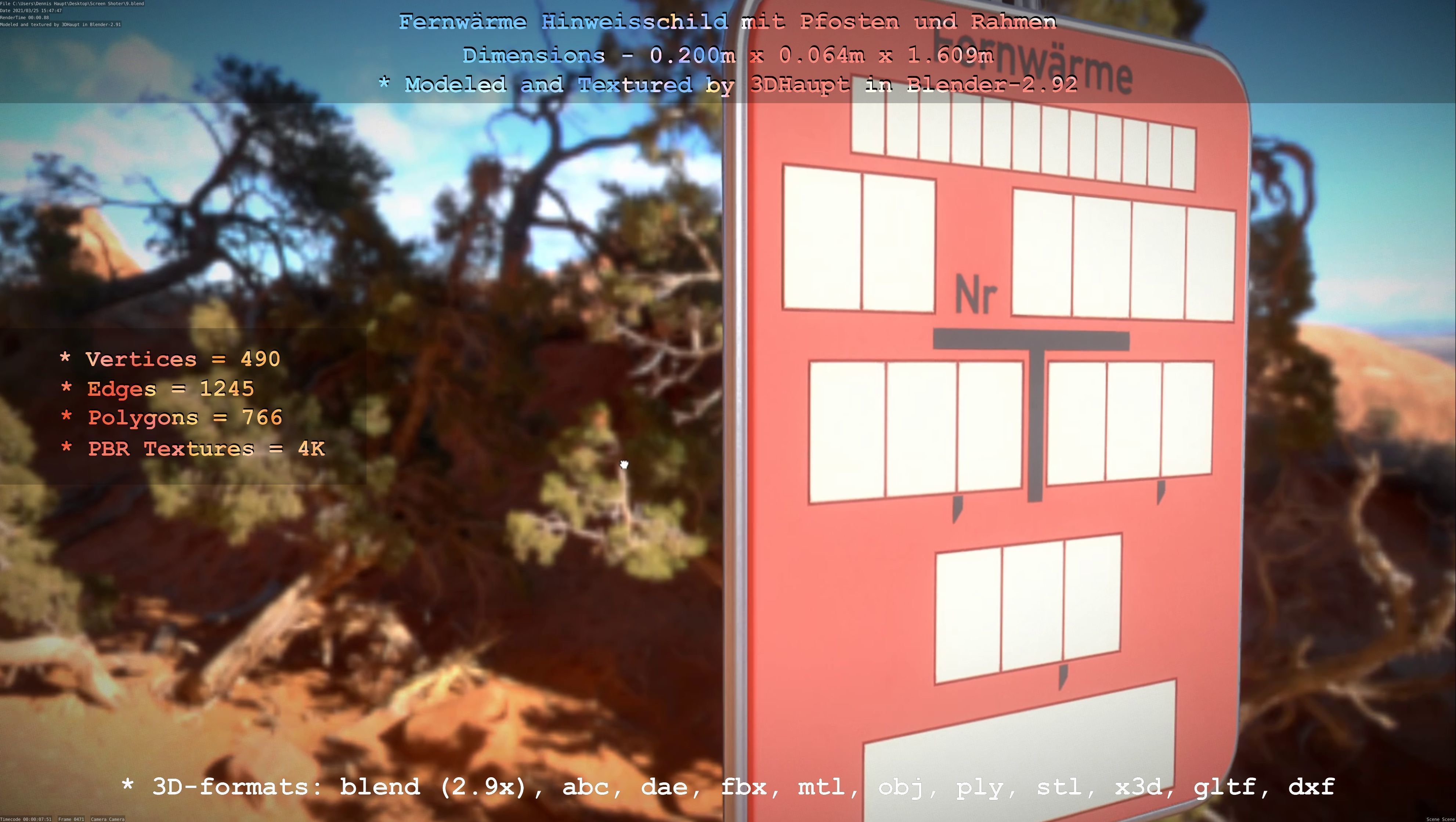 Hinweisschild Fernwaeme mit Pfosten und Rahmen Low-poly 3D model_90