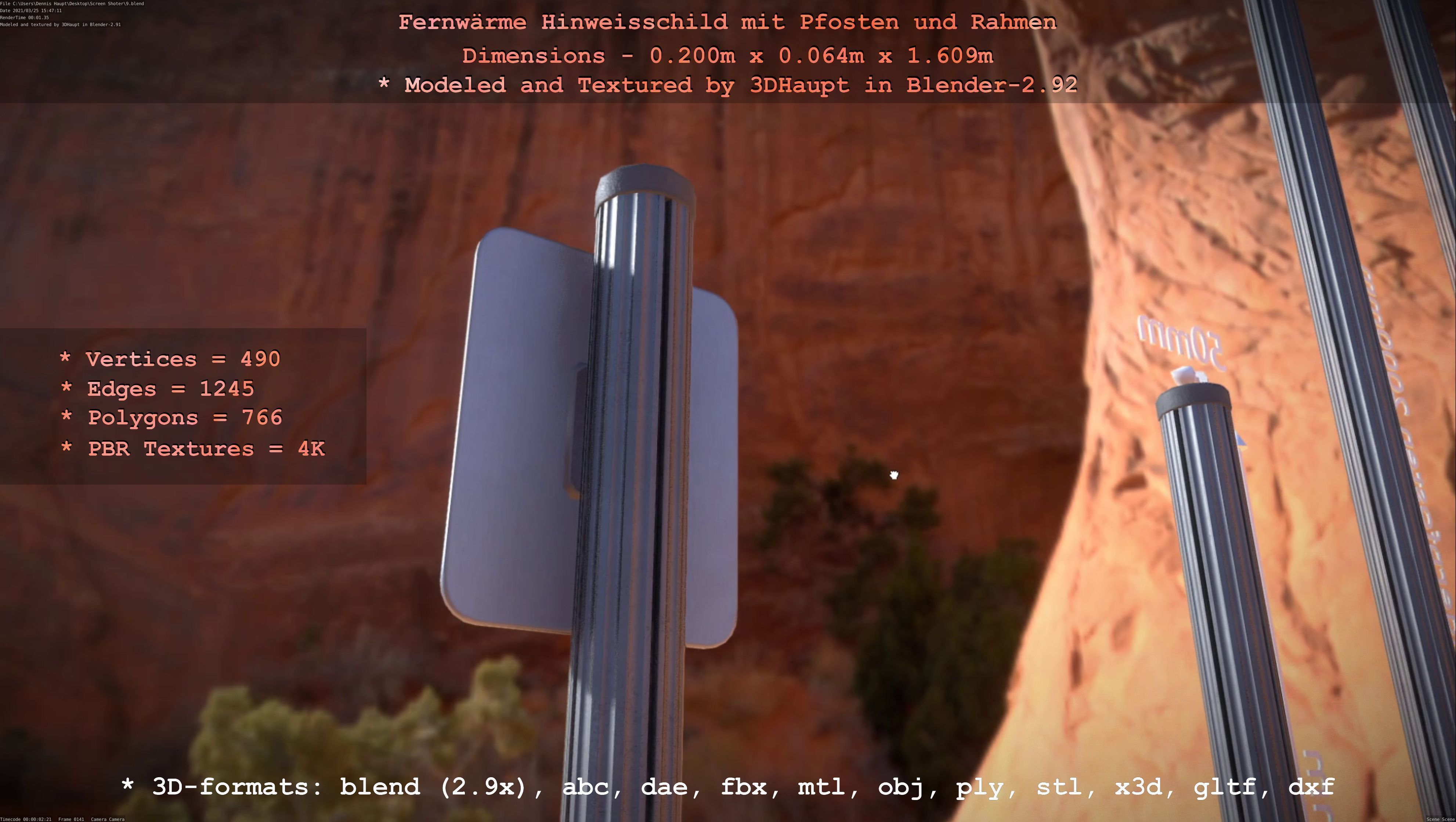 Hinweisschild Fernwaeme mit Pfosten und Rahmen Low-poly 3D model_70