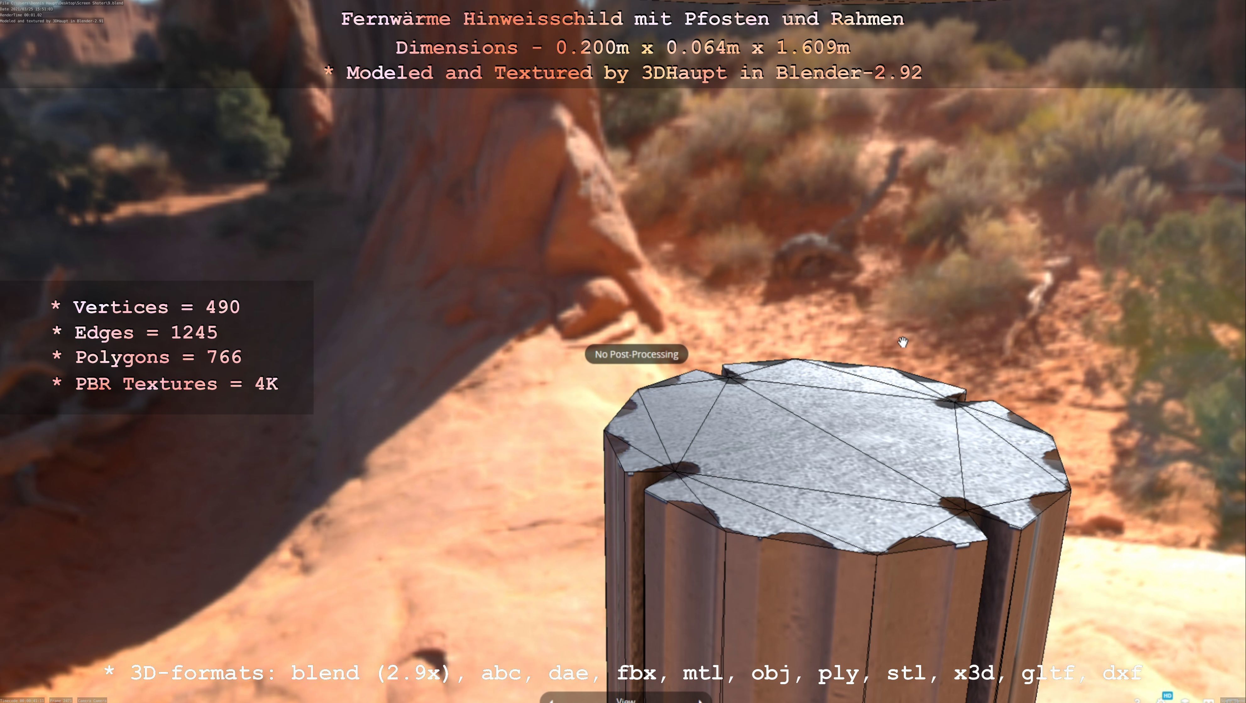 Hinweisschild Fernwaeme mit Pfosten und Rahmen Low-poly 3D model_55