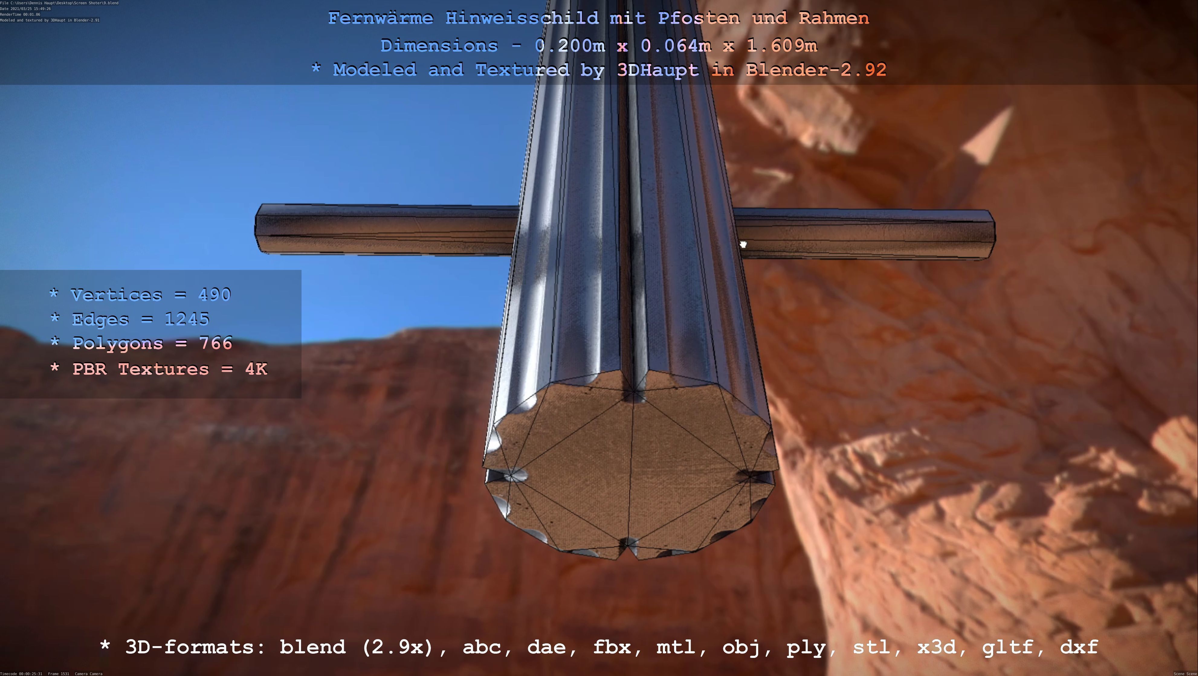 Hinweisschild Fernwaeme mit Pfosten und Rahmen Low-poly 3D model_37