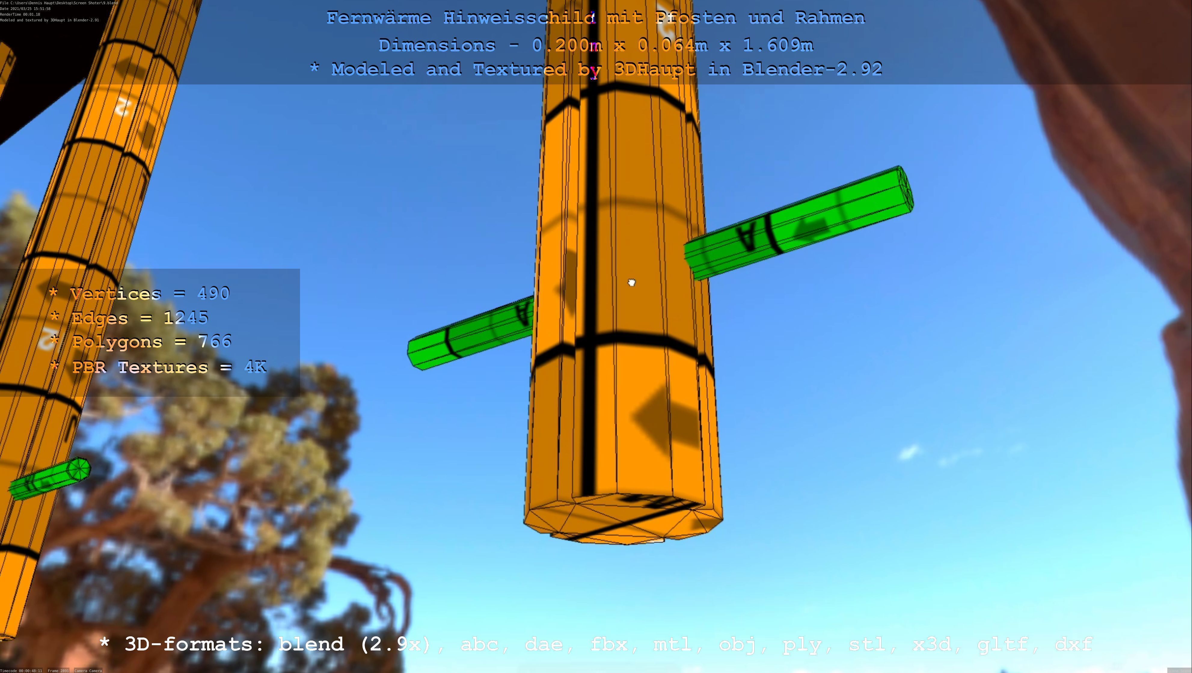 Hinweisschild Fernwaeme mit Pfosten und Rahmen Low-poly 3D model_15