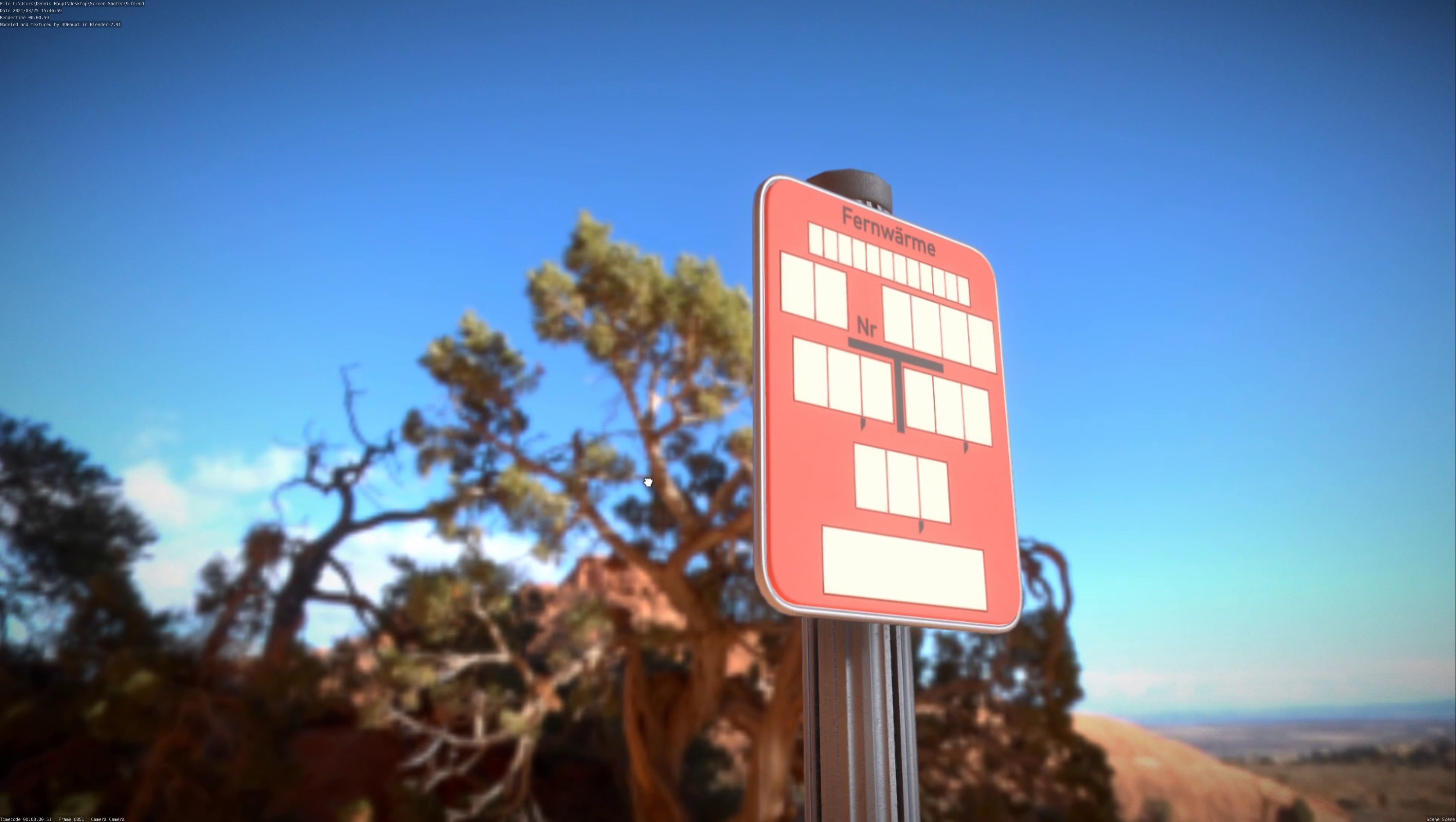 Hinweisschild Fernwaeme mit Pfosten und Rahmen Low-poly 3D model_19