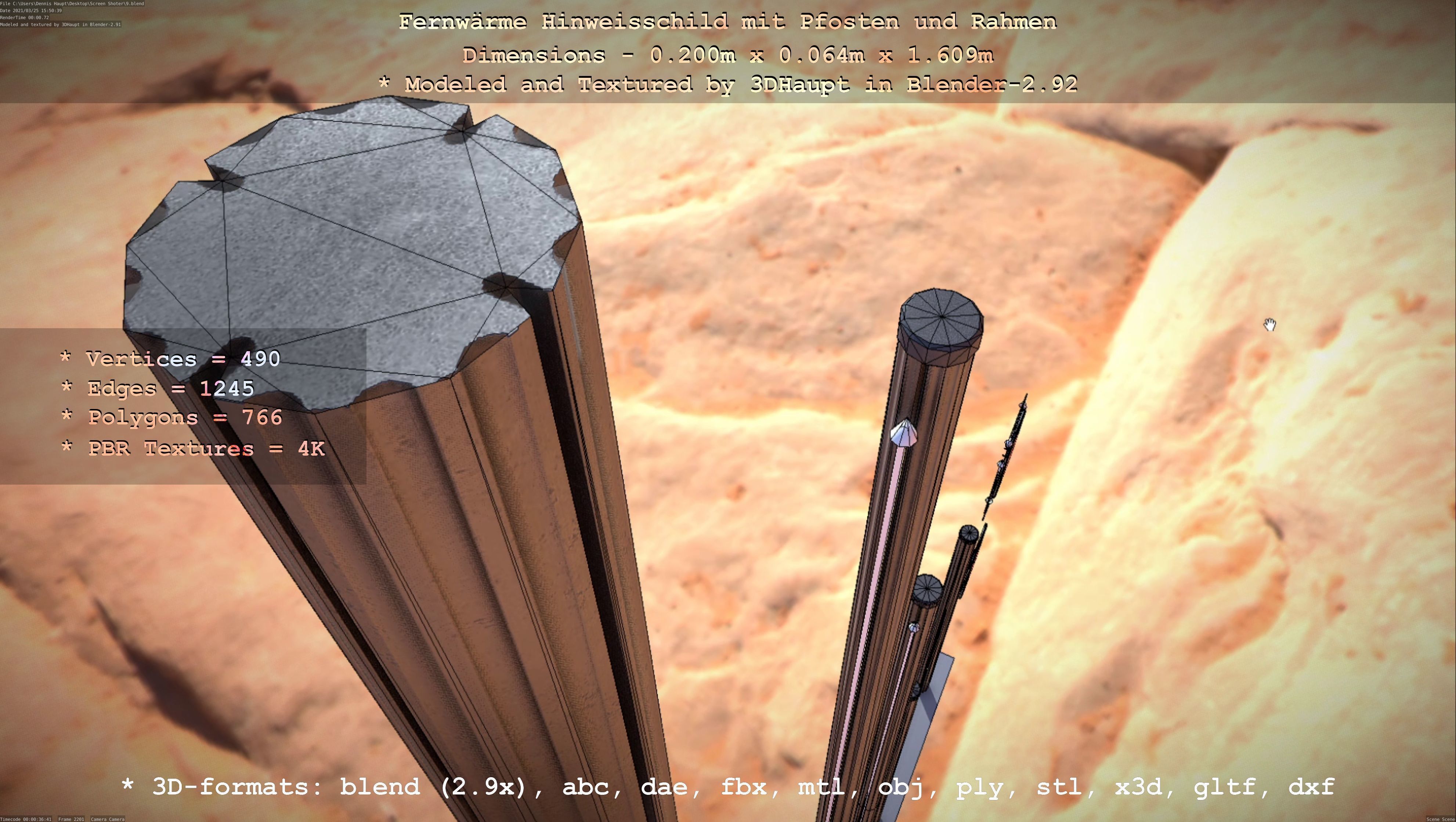 Hinweisschild Fernwaeme mit Pfosten und Rahmen Low-poly 3D model_93