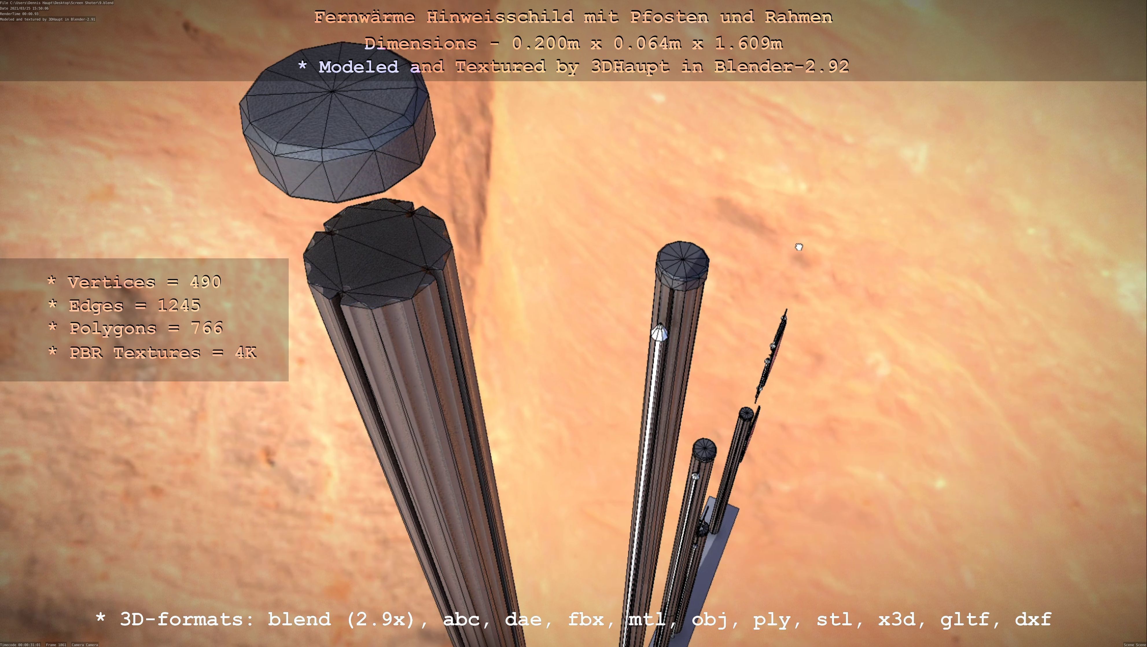 Hinweisschild Fernwaeme mit Pfosten und Rahmen Low-poly 3D model_59