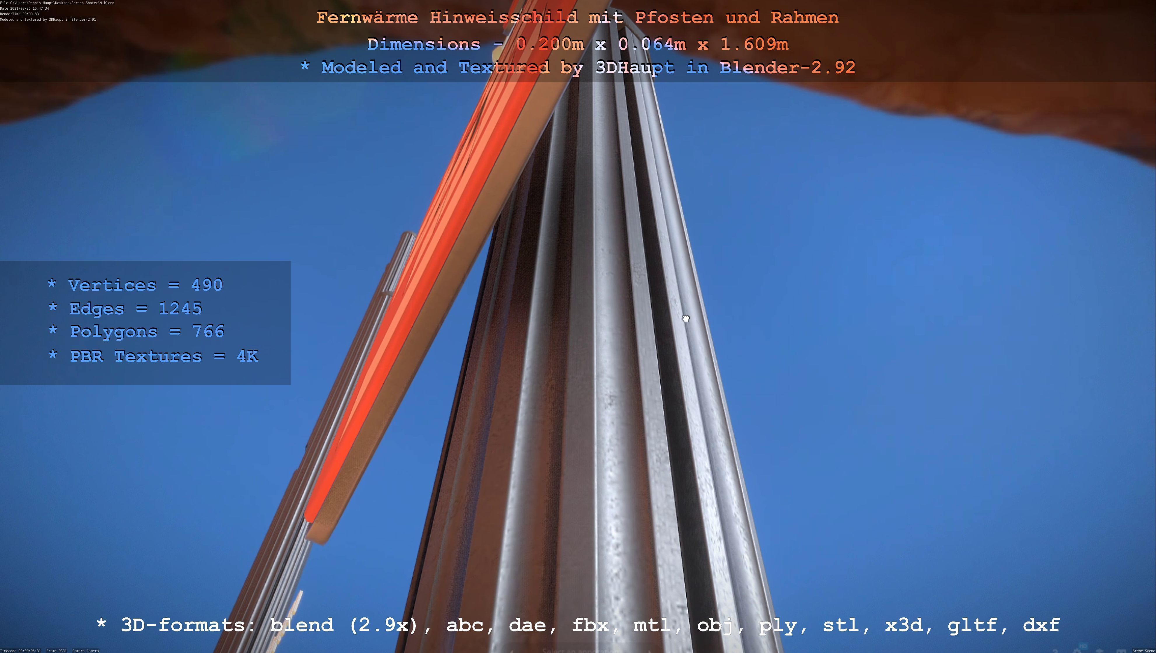 Hinweisschild Fernwaeme mit Pfosten und Rahmen Low-poly 3D model_29