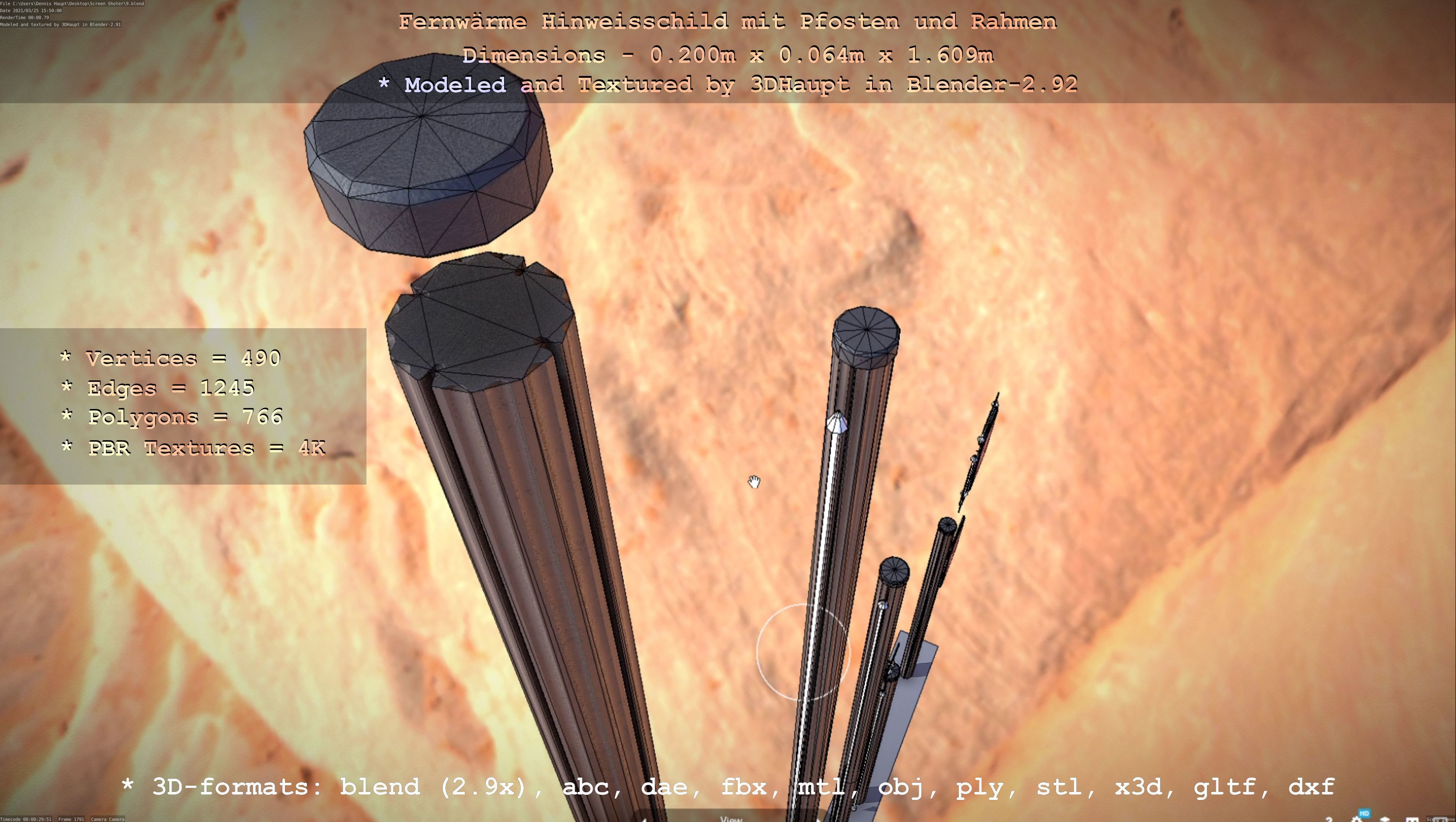 Hinweisschild Fernwaeme mit Pfosten und Rahmen Low-poly 3D model_8