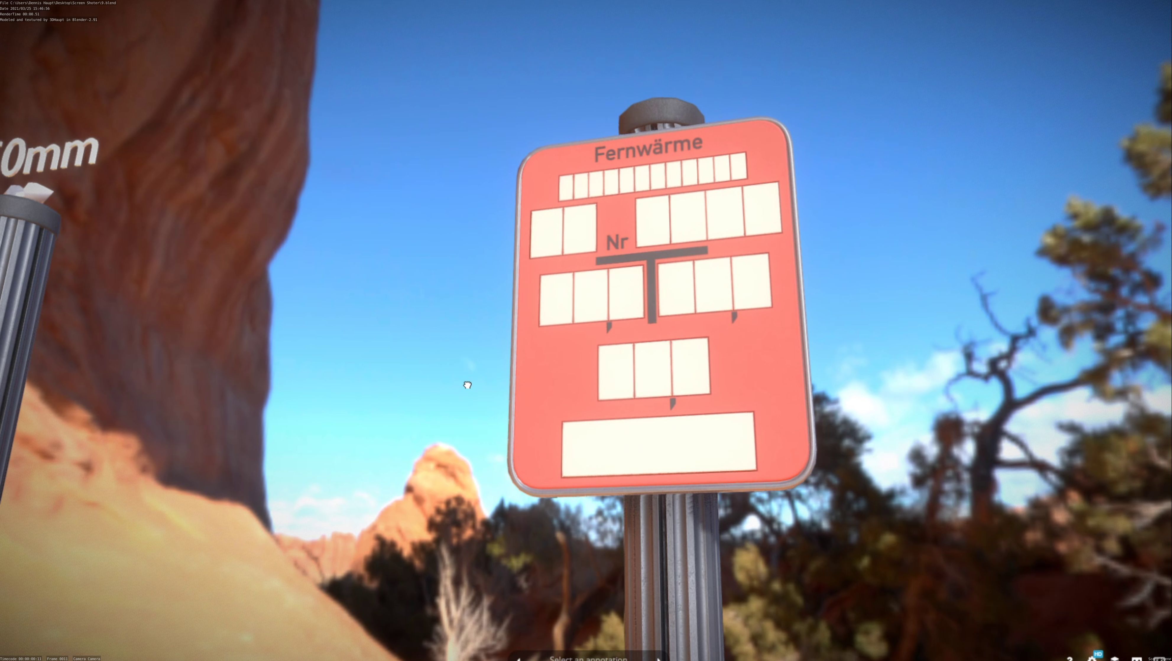 Hinweisschild Fernwaeme mit Pfosten und Rahmen Low-poly 3D model_66